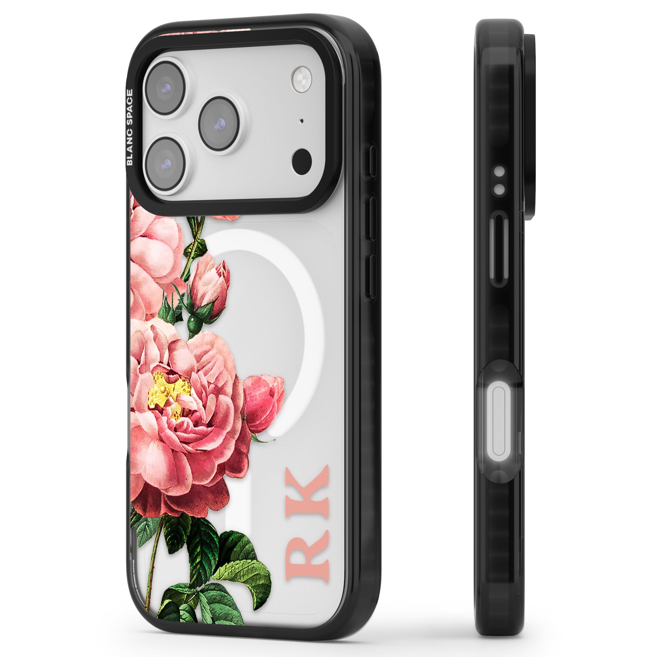 Personalised Vintage Floral Peonies iPhone 17 Pro Max Impact Pro Black Phone Case Side Profile