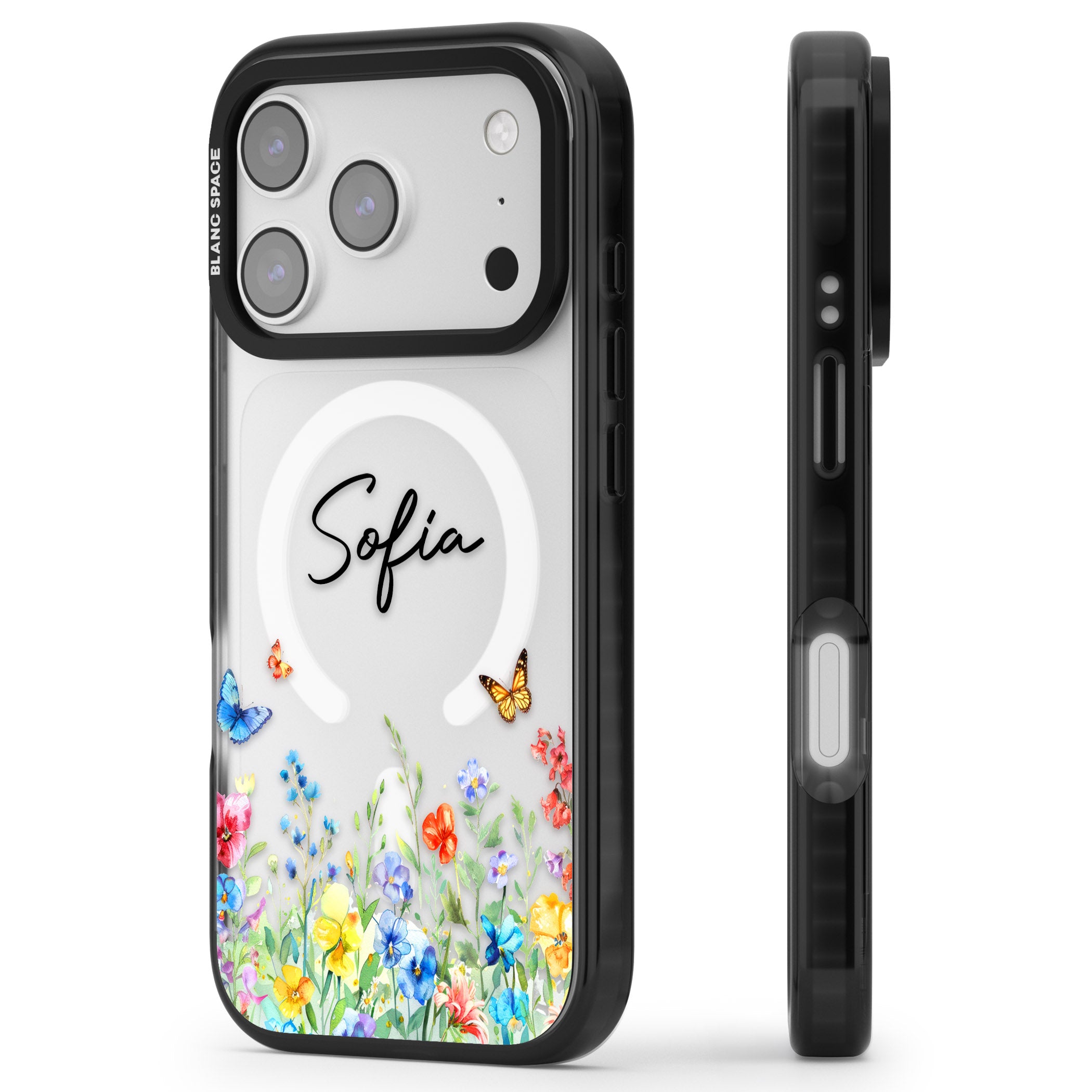 Personalised Buterflies Wildflowers iPhone 17 Pro Max Impact Pro Black Phone Case Side Profile
