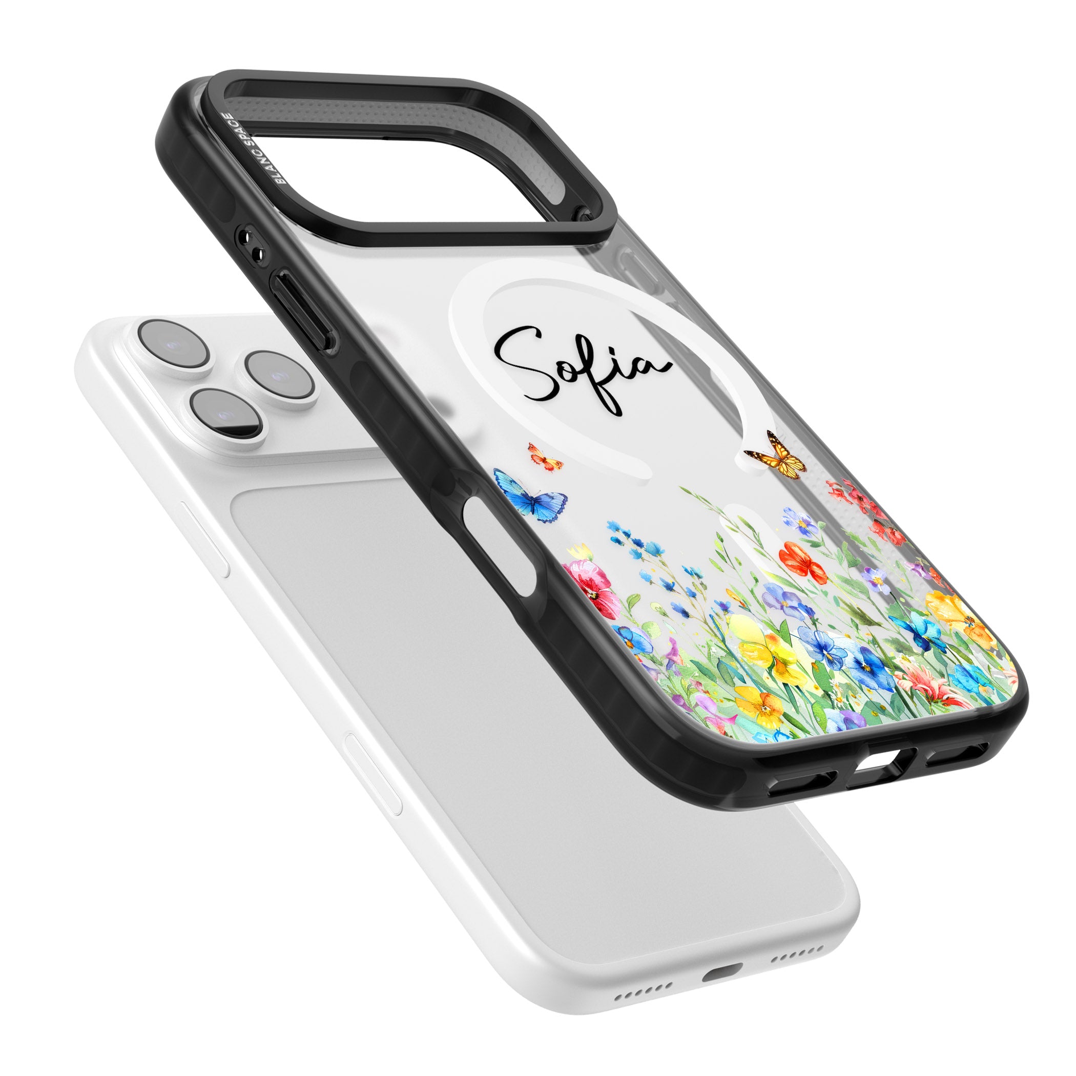 Personalised Buterflies Wildflowers iPhone 17 Pro Max Impact Pro Black Phone Case Colours