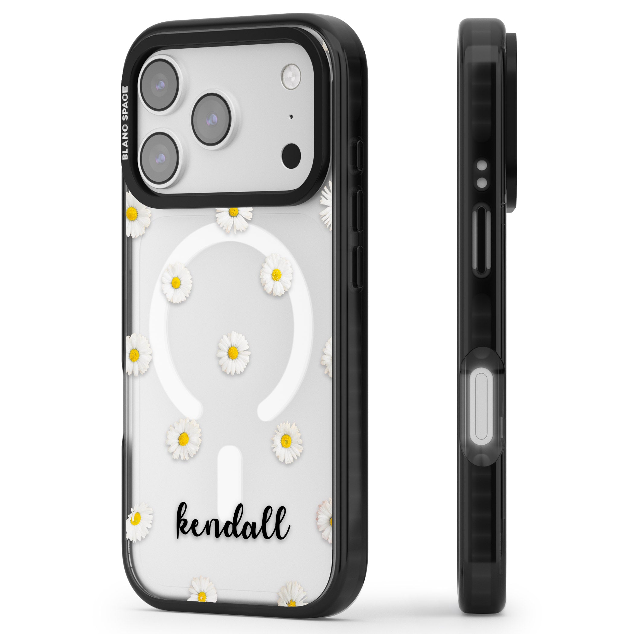 Personalised White Daisies & Cursive iPhone 17 Pro Max Impact Pro Black Phone Case Side Profile