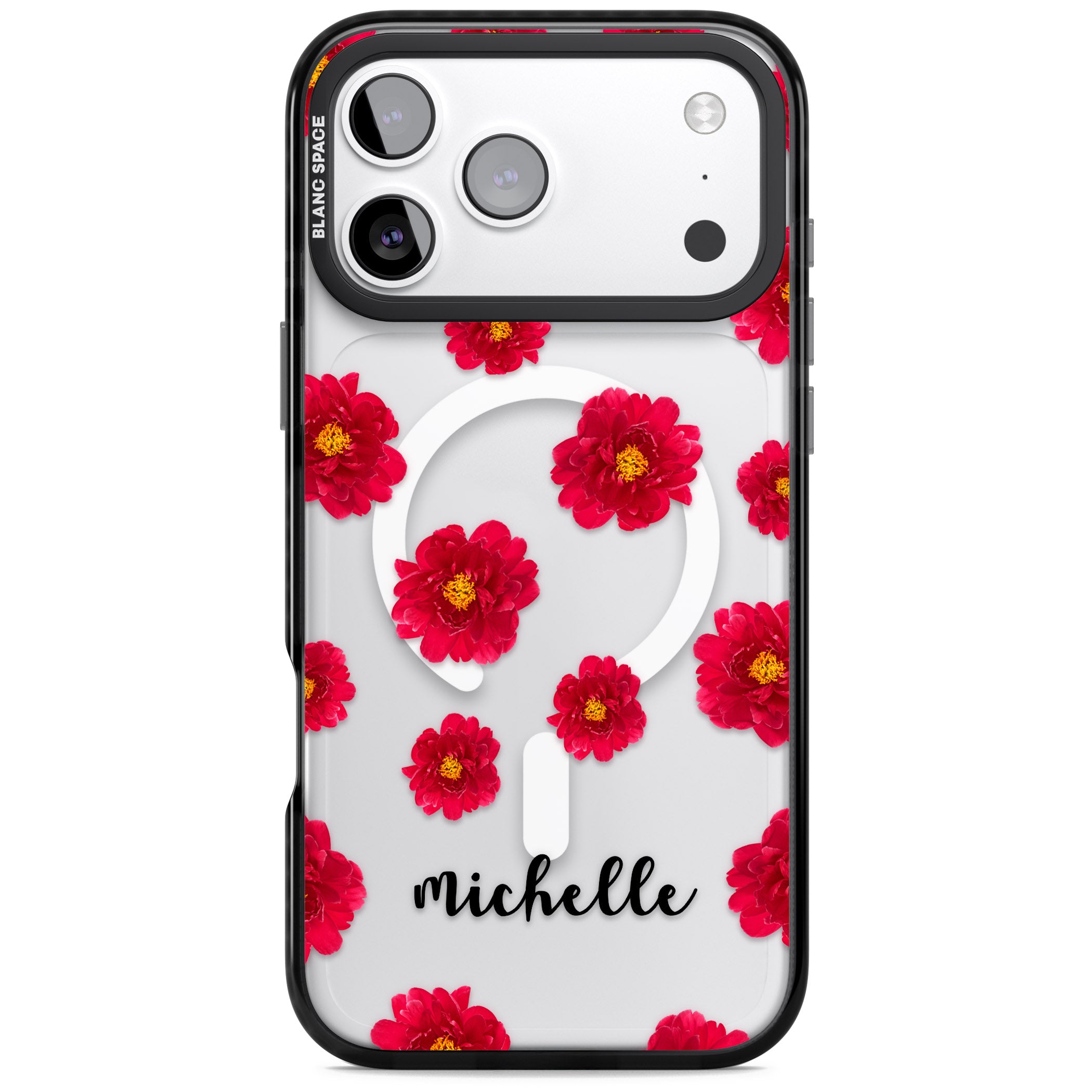 Personalised Red Peonies & Cursive iPhone 17 Pro Max Impact Pro Black Phone Case