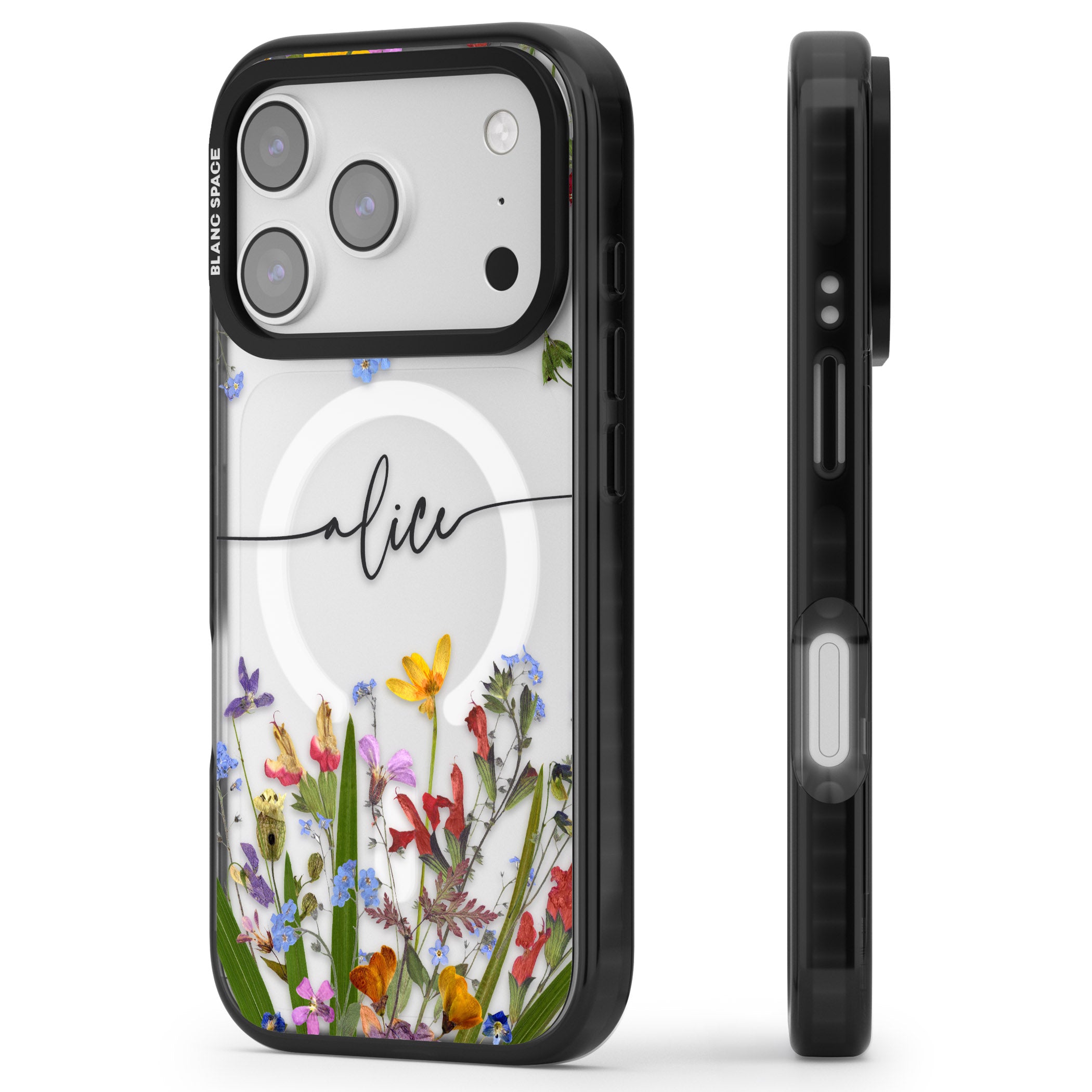 Personalised Wildflower Floral iPhone 17 Pro Max Impact Pro Black Phone Case Side Profile