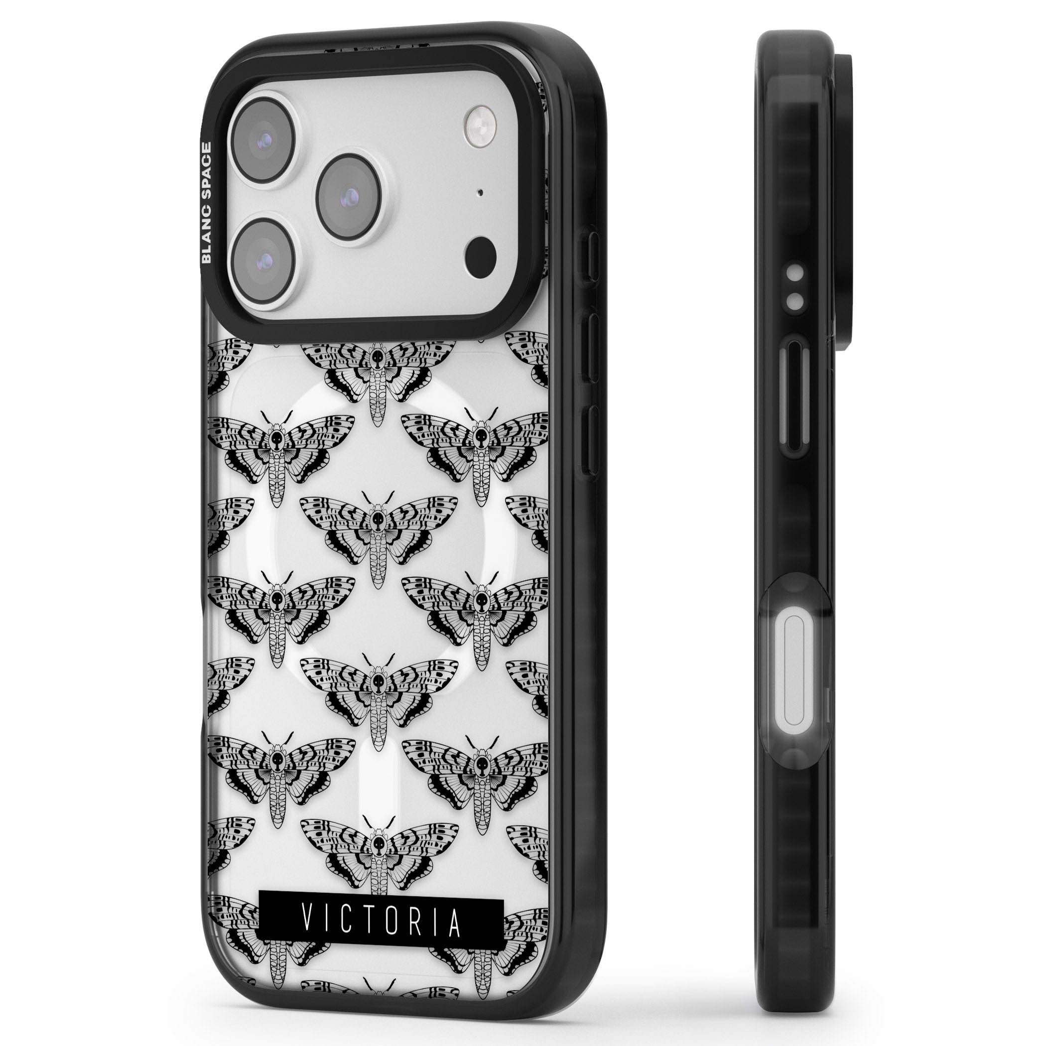 Personalised Hawk Moth Pattern iPhone 17 Pro Max Impact Pro Black Phone Case Side Profile