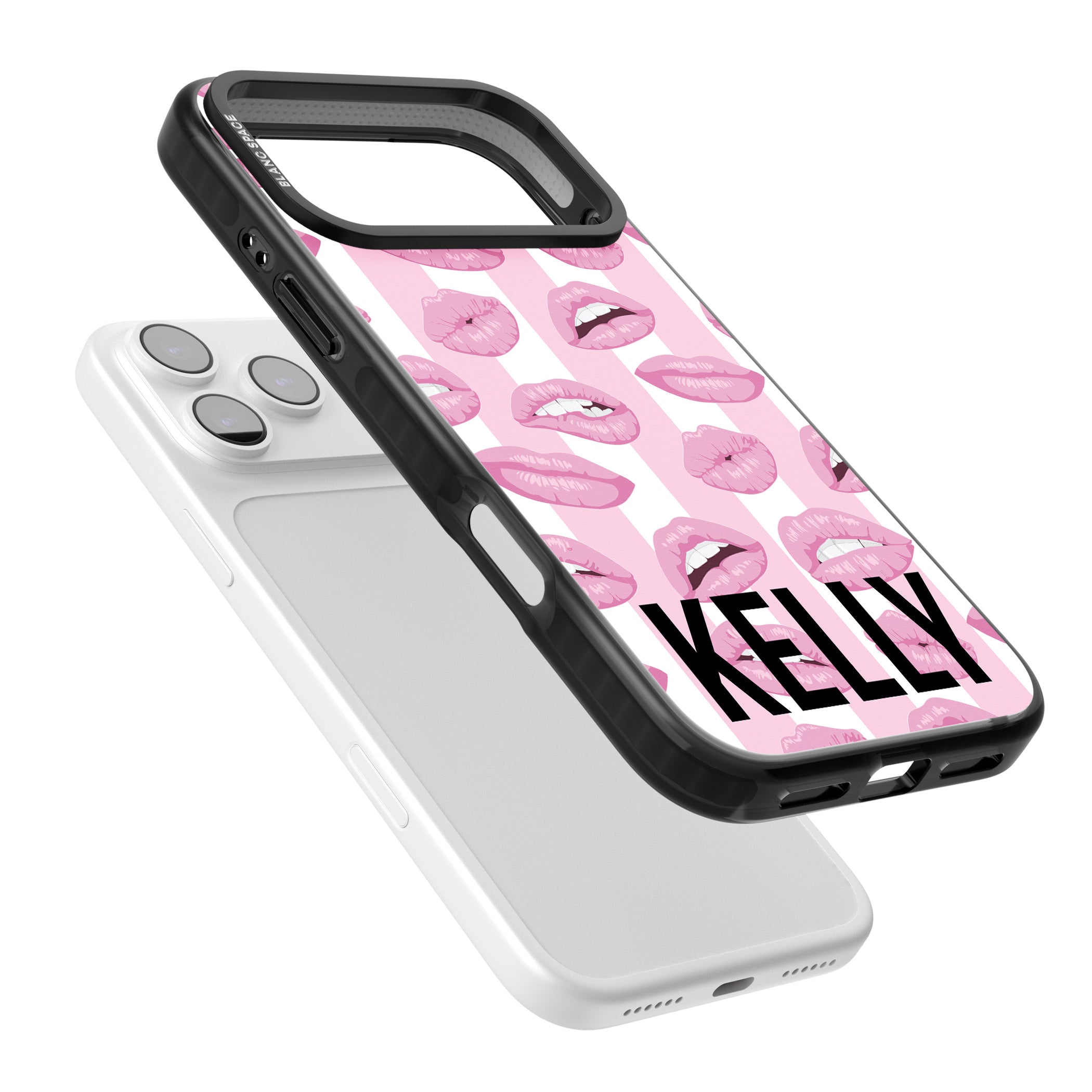 Personalised Pink Stripes & Lips iPhone 17 Pro Max Impact Pro Black Phone Case Colours