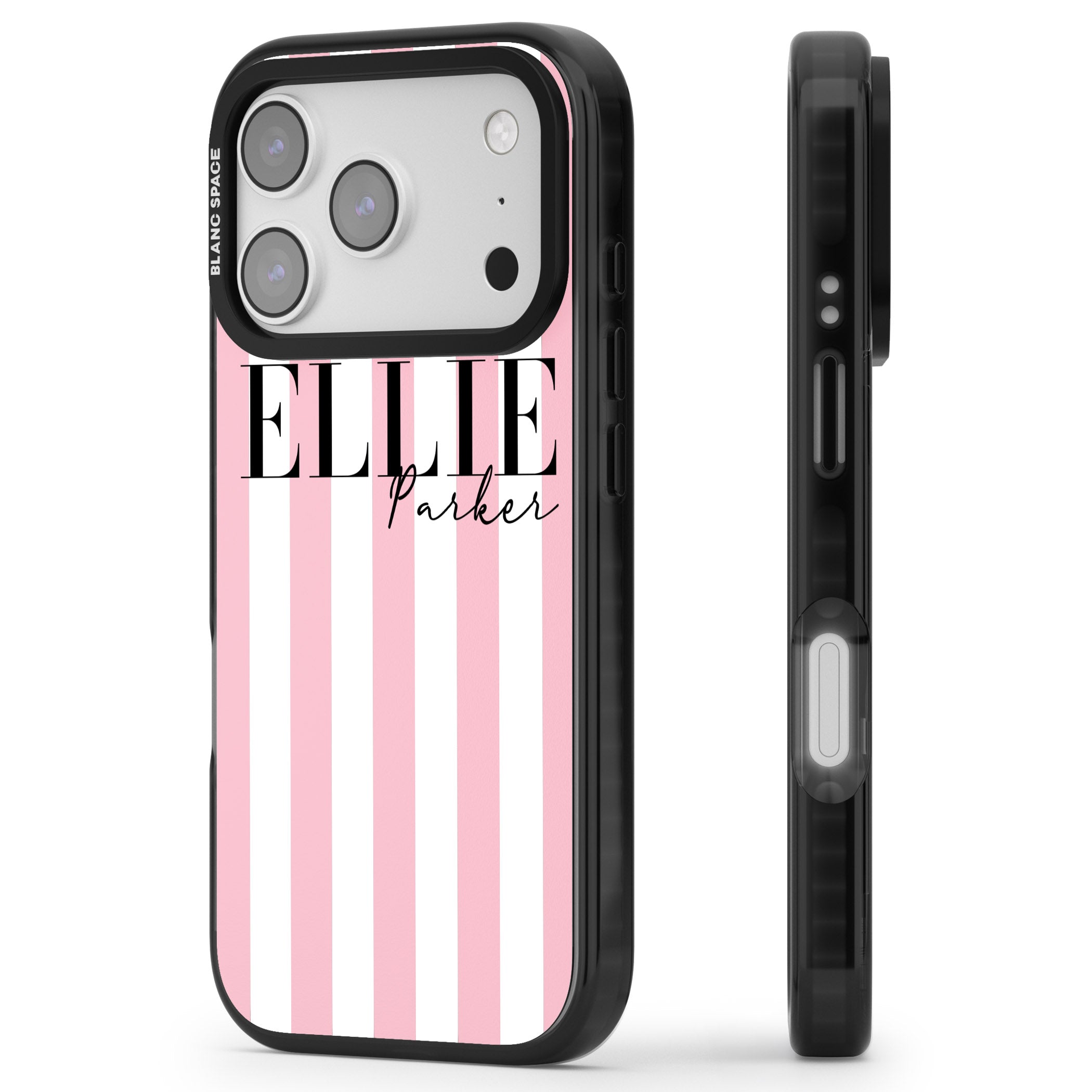 Personalised Pink Stripes iPhone 17 Pro Max Impact Pro Black Phone Case Side Profile
