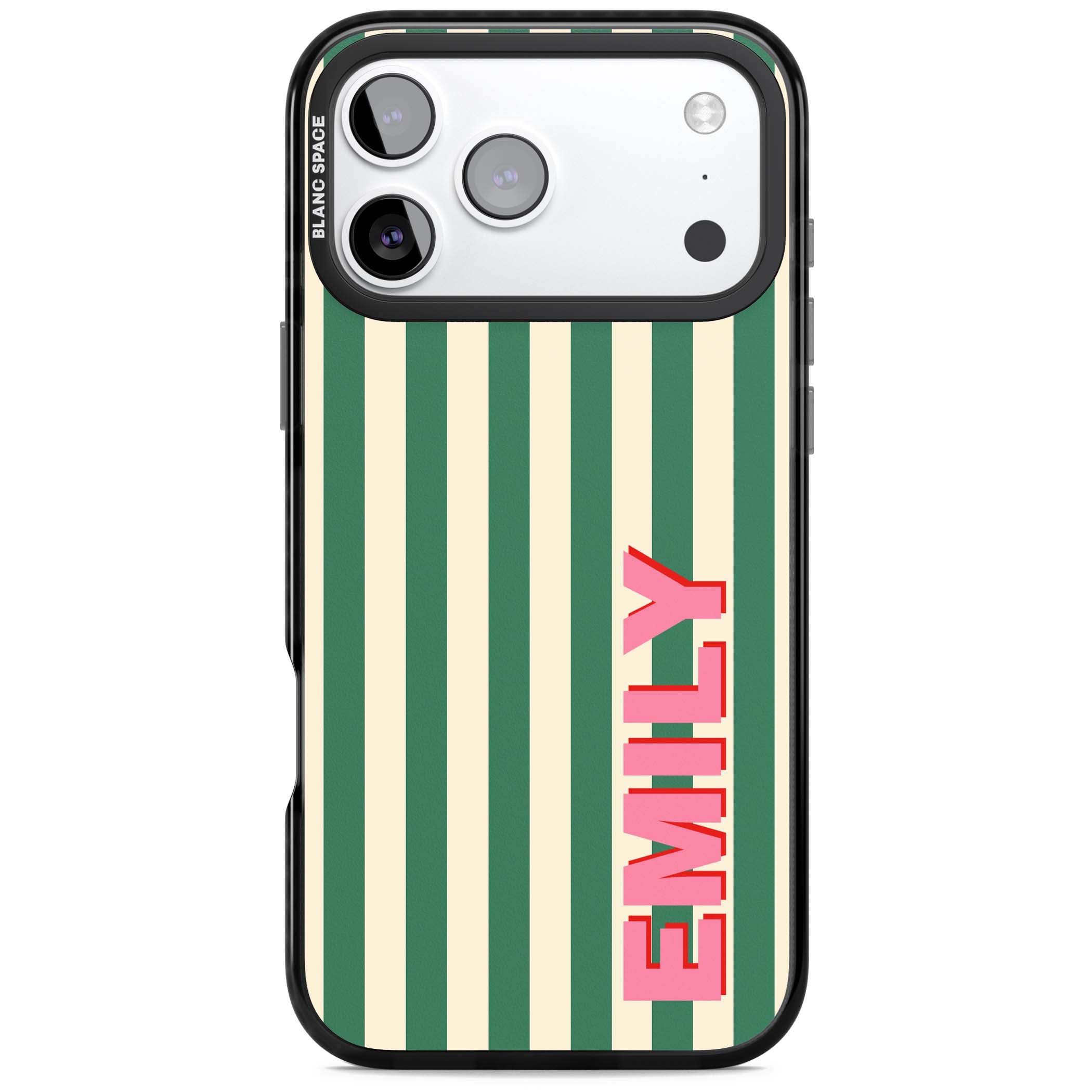 Wimbledon Stripe preppy iPhone case featuring green and cream vertical stripes with a personalised pink name | Black Impact Magsafe case for iPhone 17 Pro, iPhone 17 Pro Max