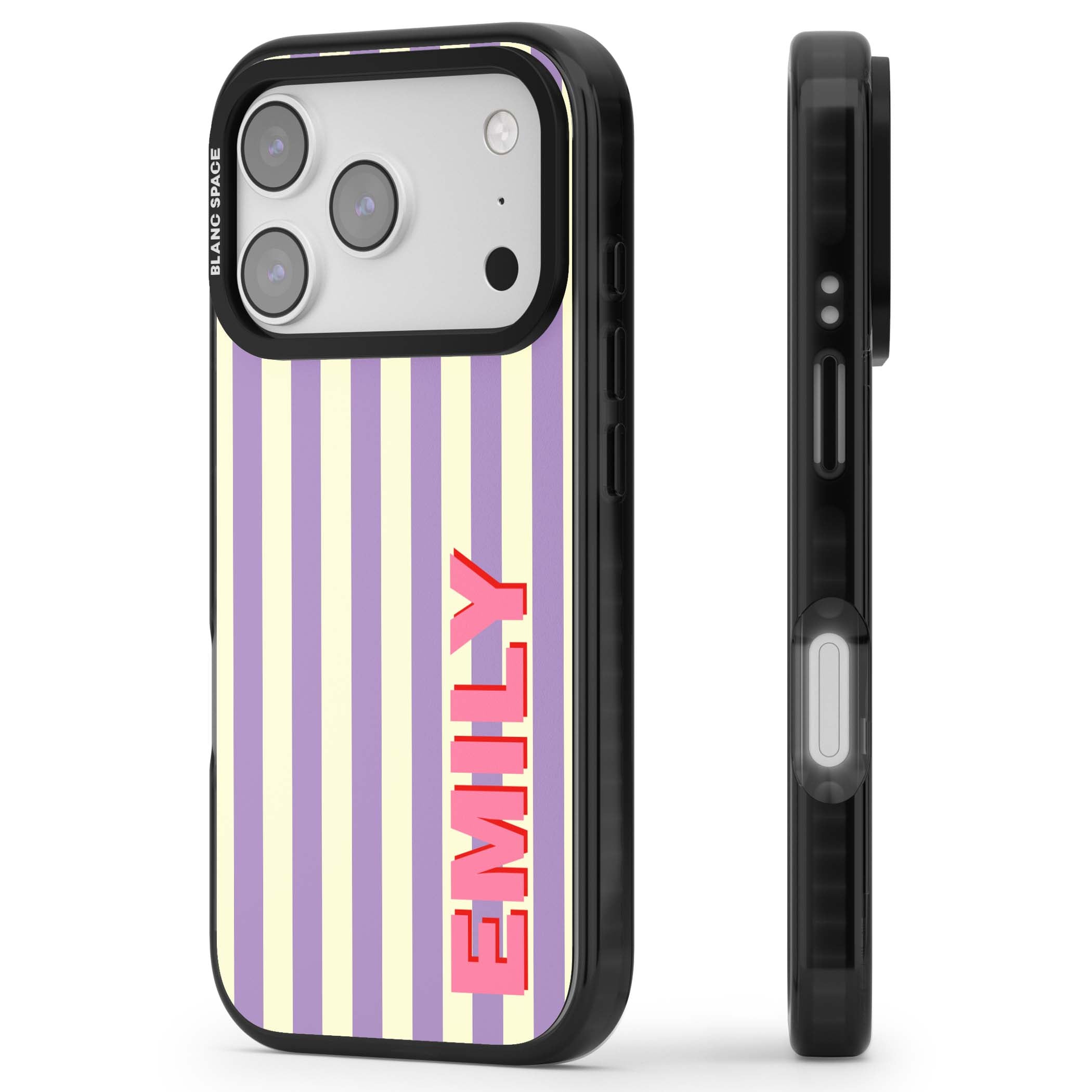 Valensole Stripe personalised iPhone case with purple and cream vertical stripes and pink custom name | Black Impact Magsafe case for iPhone 17 Pro, iPhone 17 Pro Max
