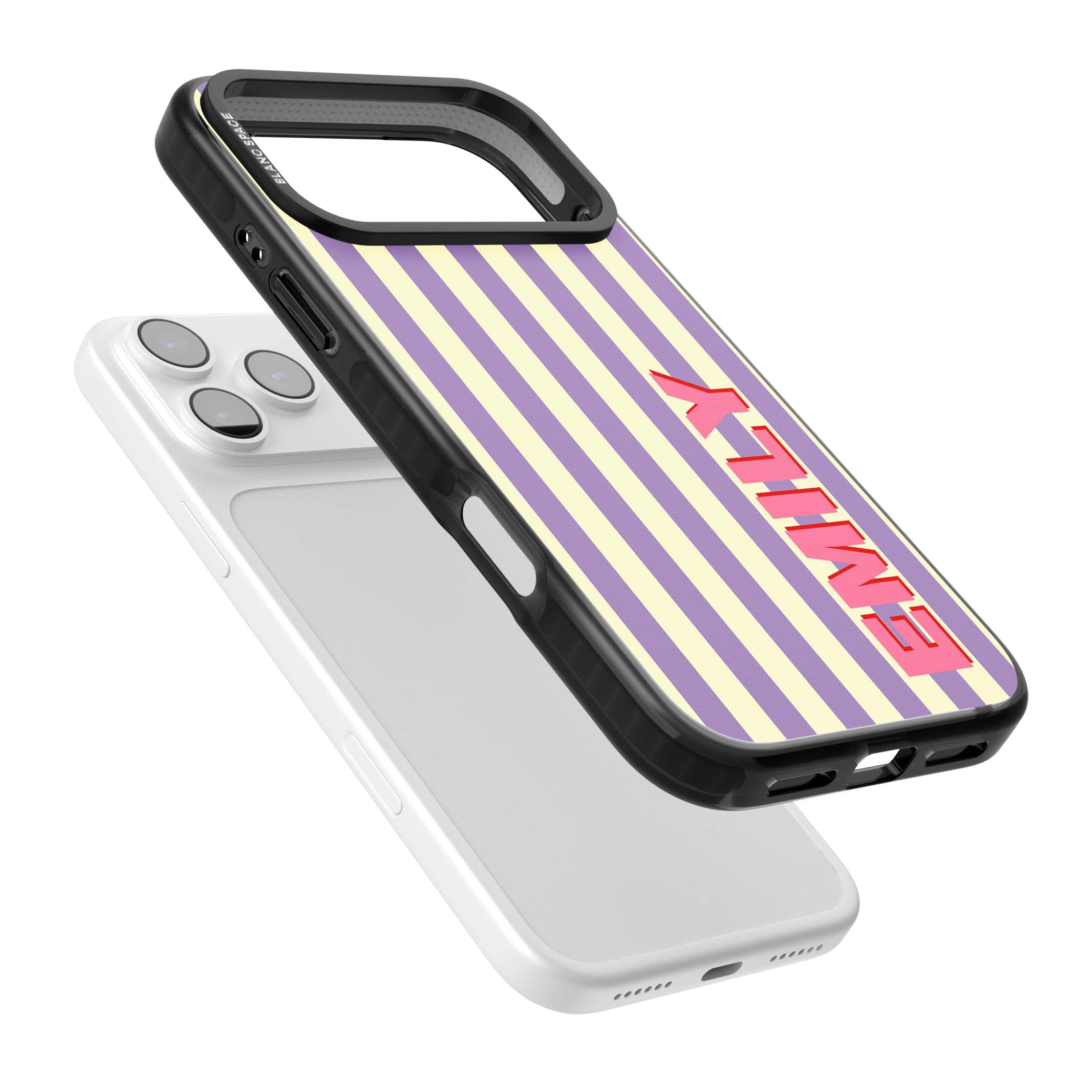 Valensole Stripe personalised iPhone case with purple and cream vertical stripes and pink custom name | Black Impact Magsafe case for iPhone 17 Pro, iPhone 17 Pro Max