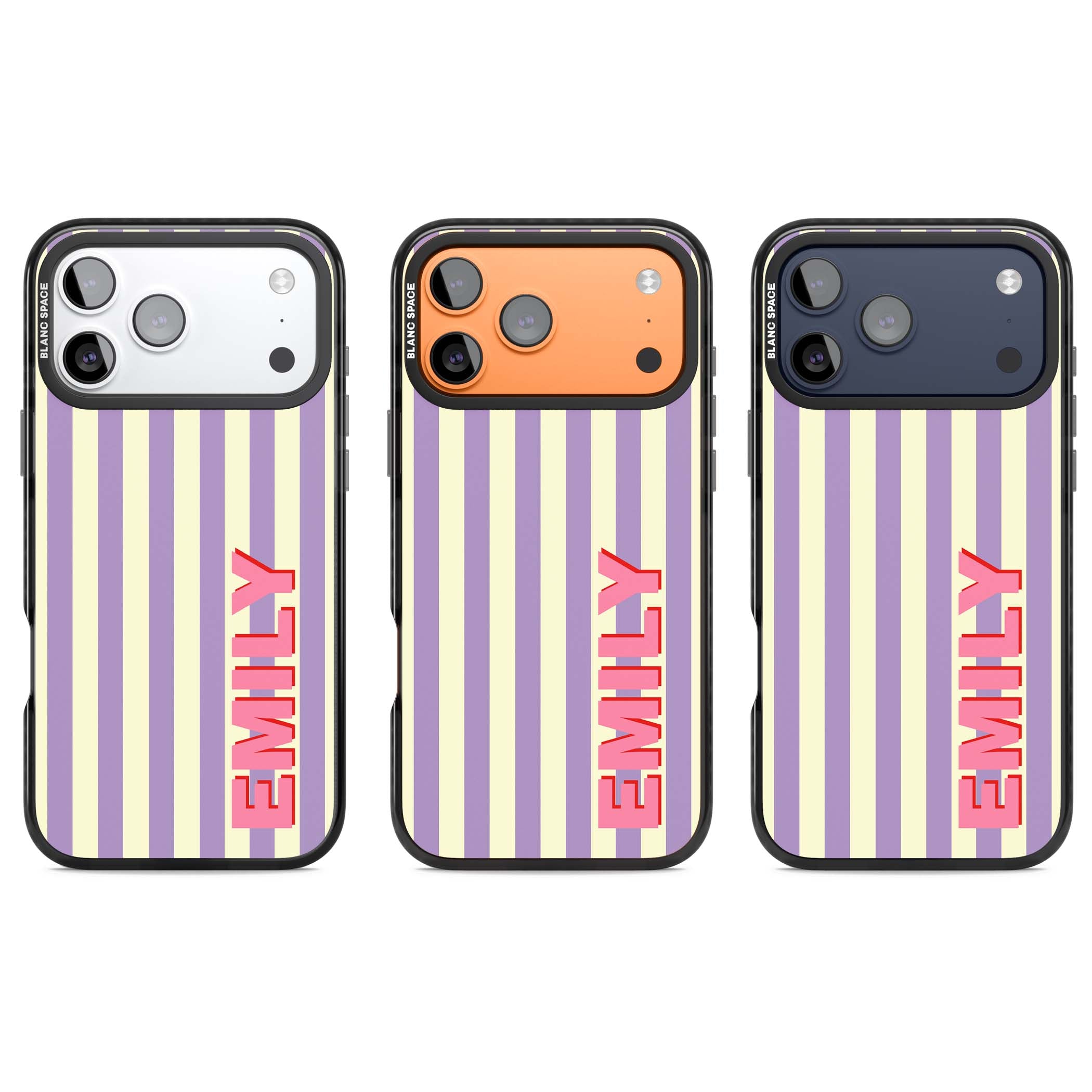 Valensole Stripe personalised iPhone case with purple and cream vertical stripes and pink custom name | Black Impact Magsafe case for iPhone 17 Pro, iPhone 17 Pro Max
