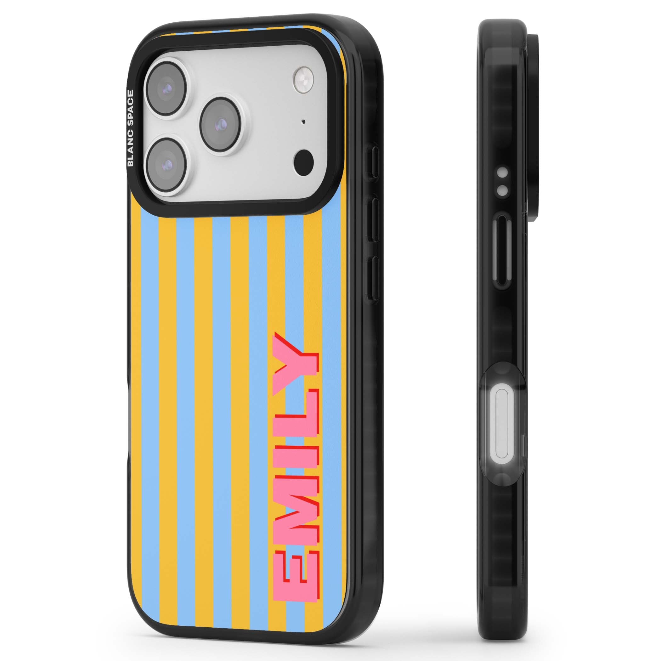 Carribean Stripe personalised coastal iPhone case with yellow and blue vertical stripes and a custom pink name | Black Impact Magsafe case for iPhone 17 Pro, iPhone 17 Pro Max