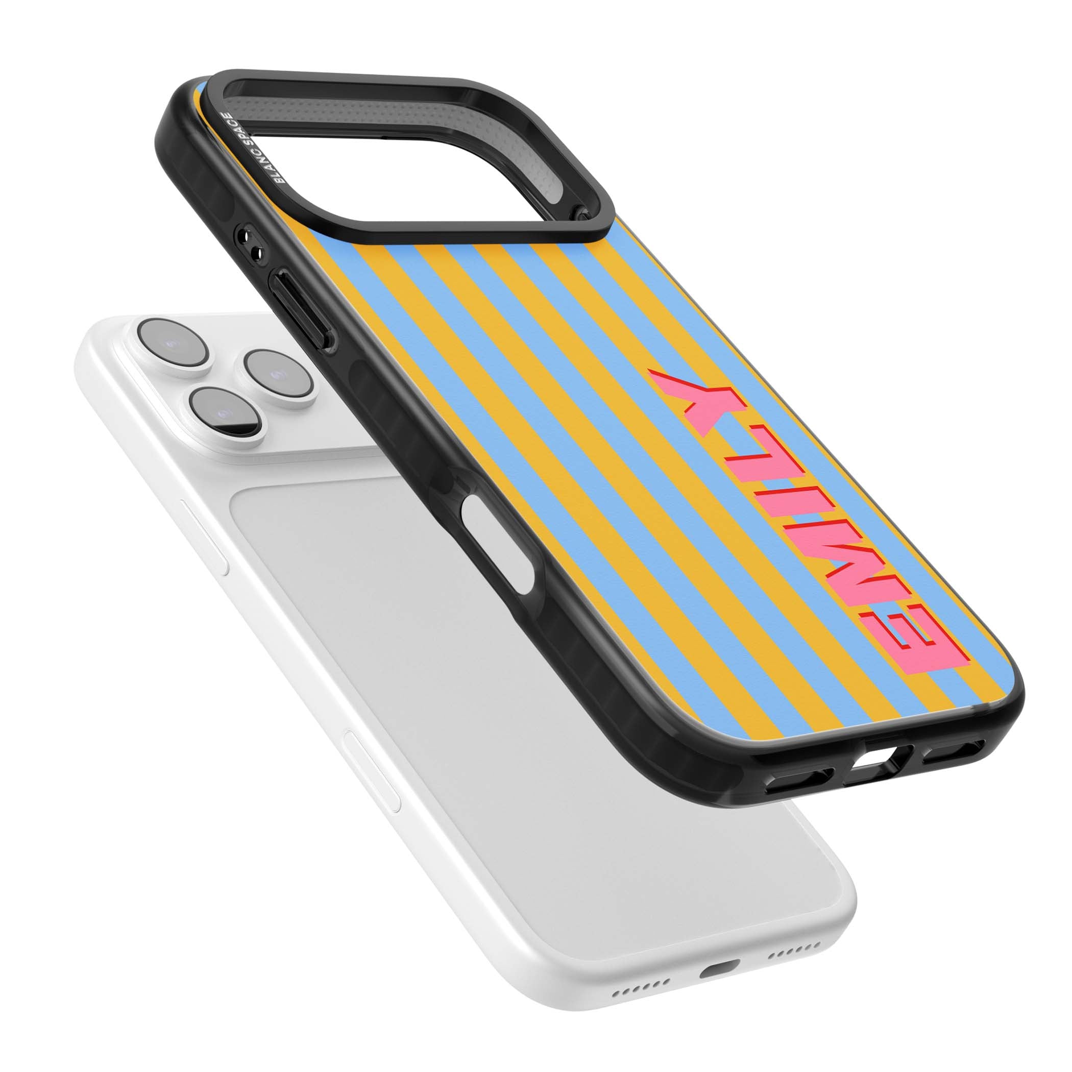 Carribean Stripe personalised coastal iPhone case with yellow and blue vertical stripes and a custom pink name | Black Impact Magsafe case for iPhone 17 Pro, iPhone 17 Pro Max