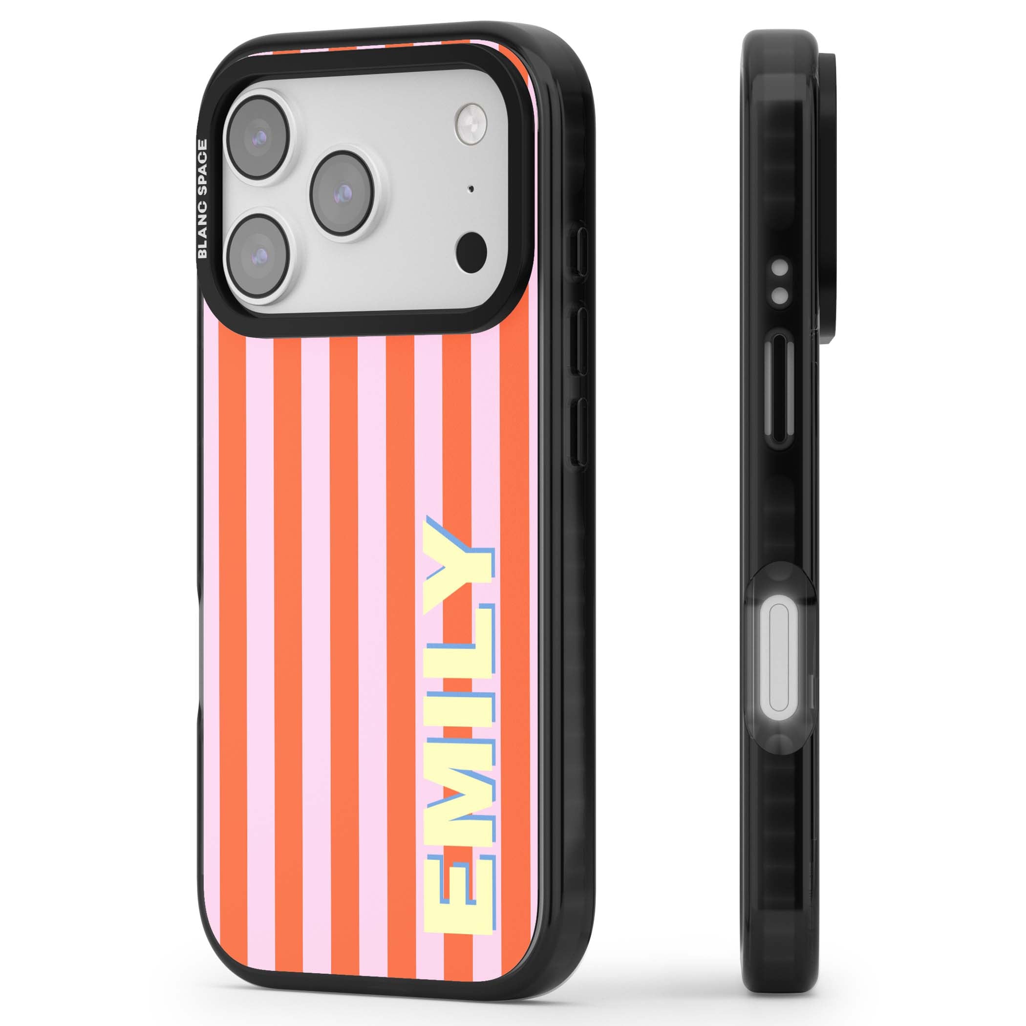Havana Stripe personalised iPhone case featuring pink and orange vertical stripes with a custom yellow name | Black Impact Magsafe case for iPhone 17 Pro, iPhone 17 Pro Max