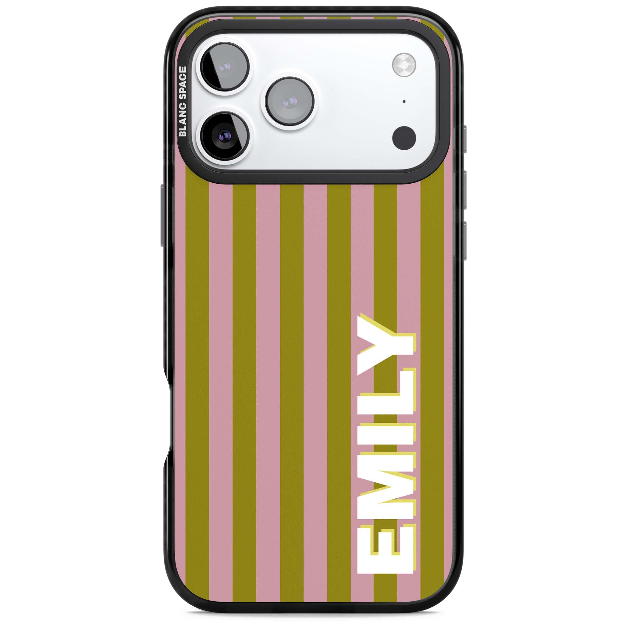 Istanbul Stripe personalised iPhone case featuring pink and olive green vertical stripes with a custom vertical name | Black Impact Magsafe case for iPhone 17 Pro, iPhone 17 Pro Max