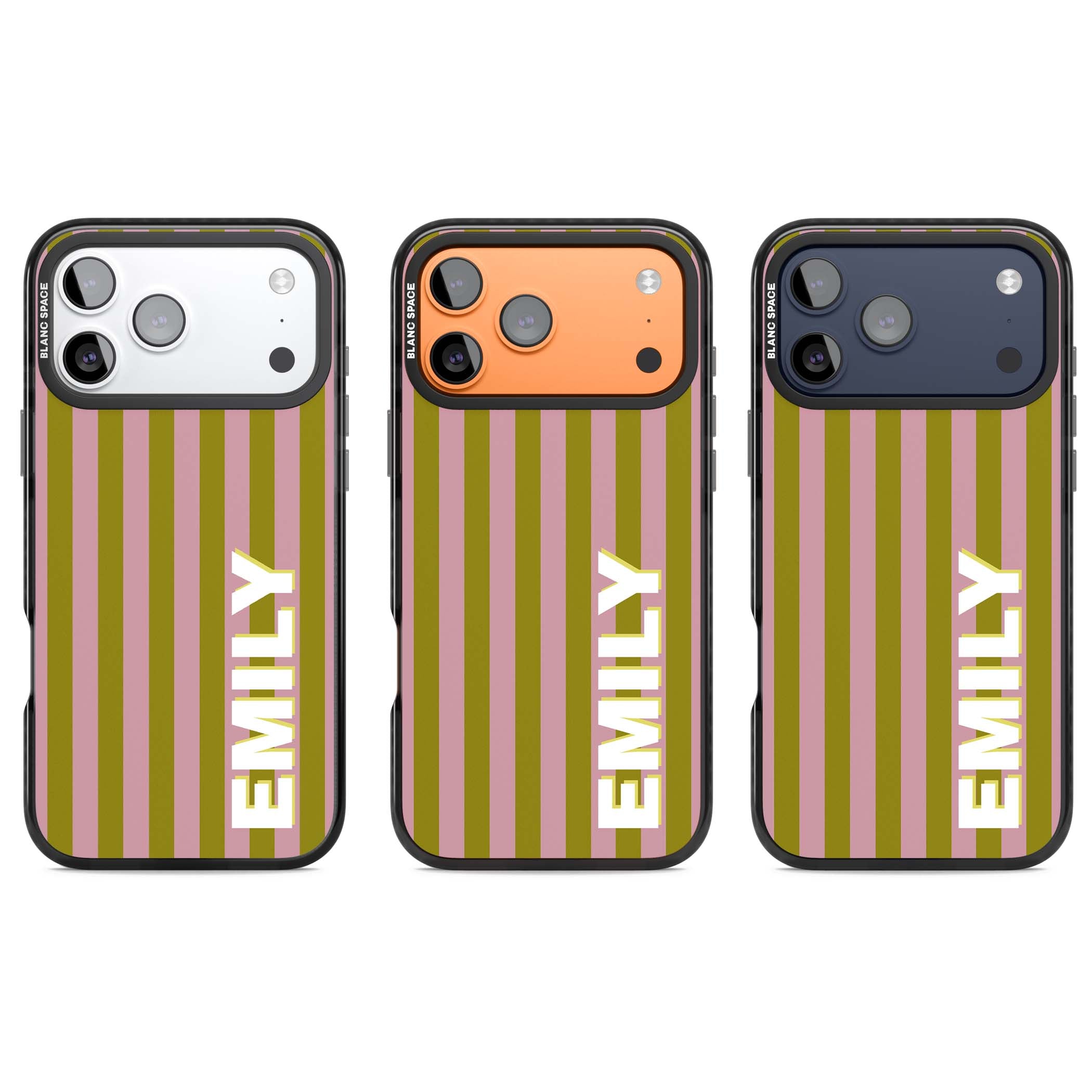 Istanbul Stripe personalised iPhone case featuring pink and olive green vertical stripes with a custom vertical name | Black Impact Magsafe case for iPhone 17 Pro, iPhone 17 Pro Max