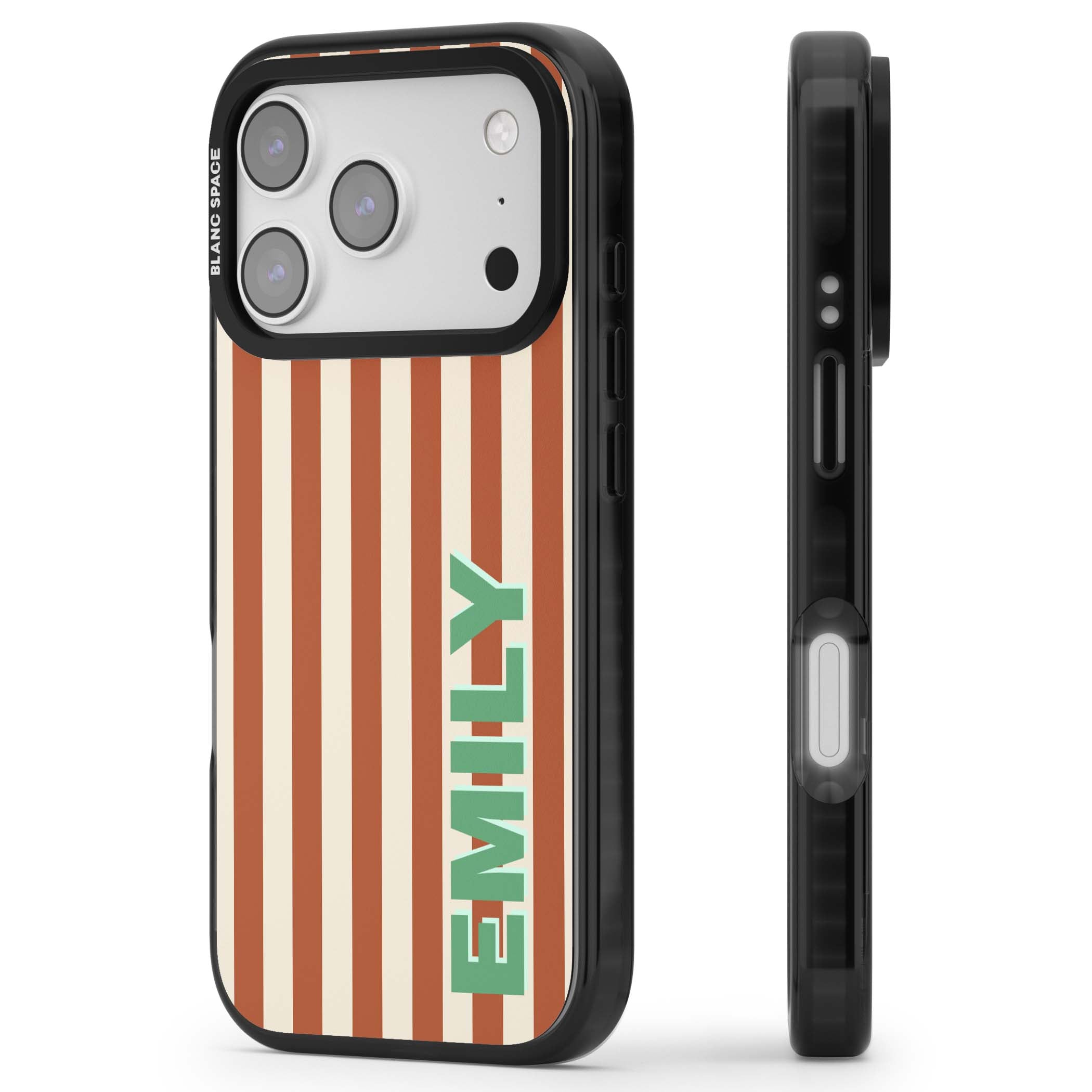Dune Stripe personalised iPhone case with rust and cream vertical stripes and custom name in mint green | Black Impact Magsafe case for iPhone 17 Pro, iPhone 17 Pro Max