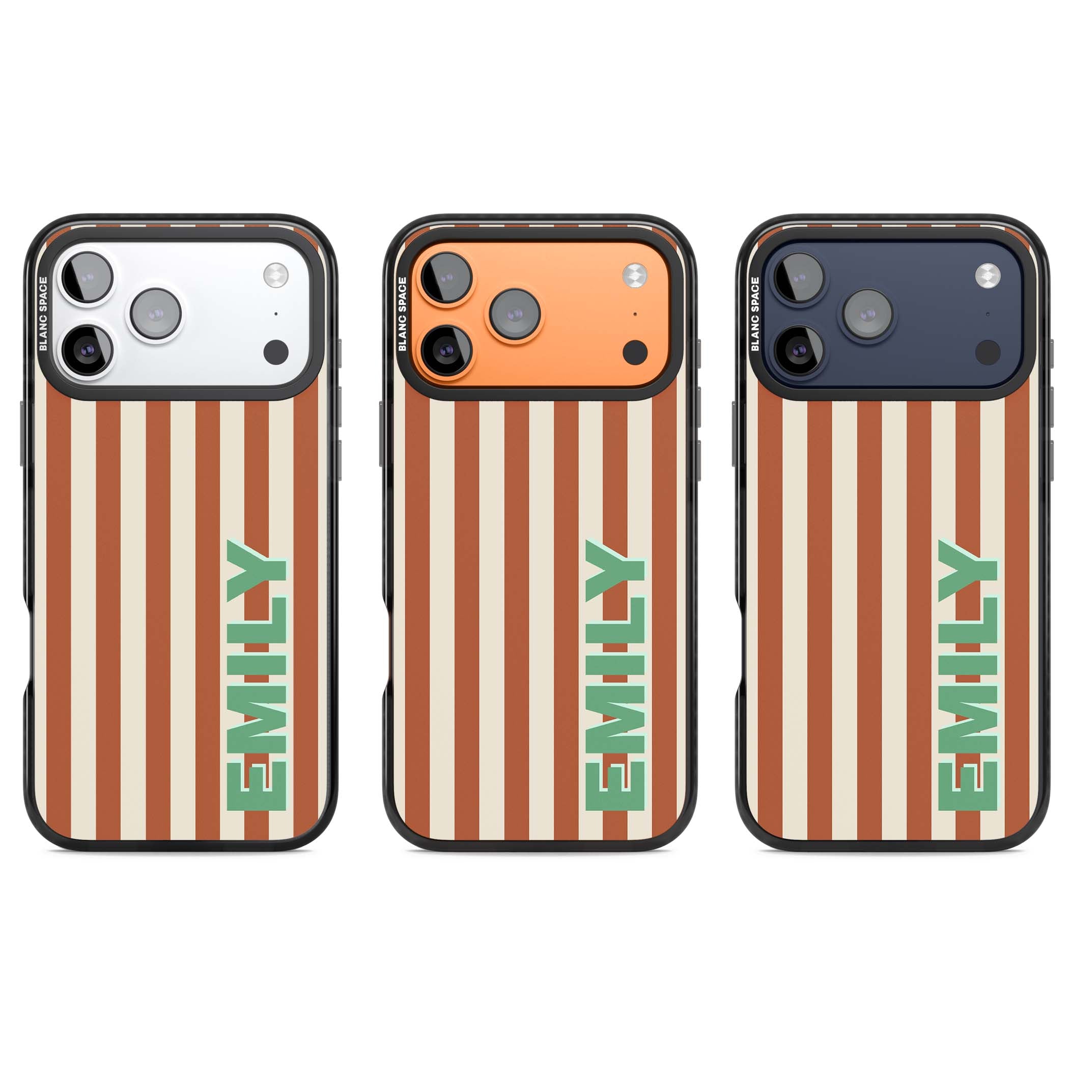 Dune Stripe personalised iPhone case with rust and cream vertical stripes and custom name in mint green | Black Impact Magsafe case for iPhone 17 Pro, iPhone 17 Pro Max
