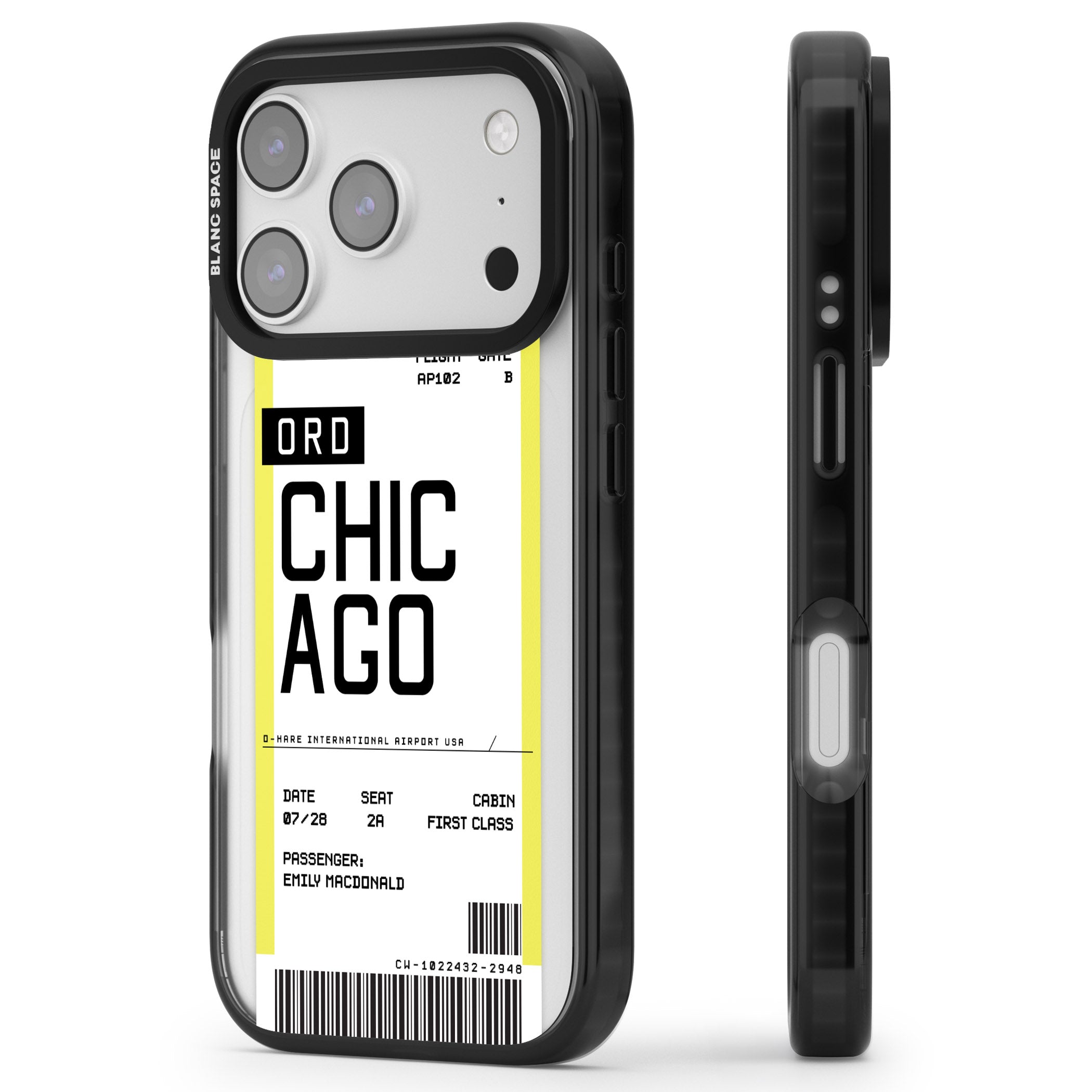 Personalised Chicago Boarding Pass iPhone 17 Pro Max Impact Pro Black Phone Case Side Profile
