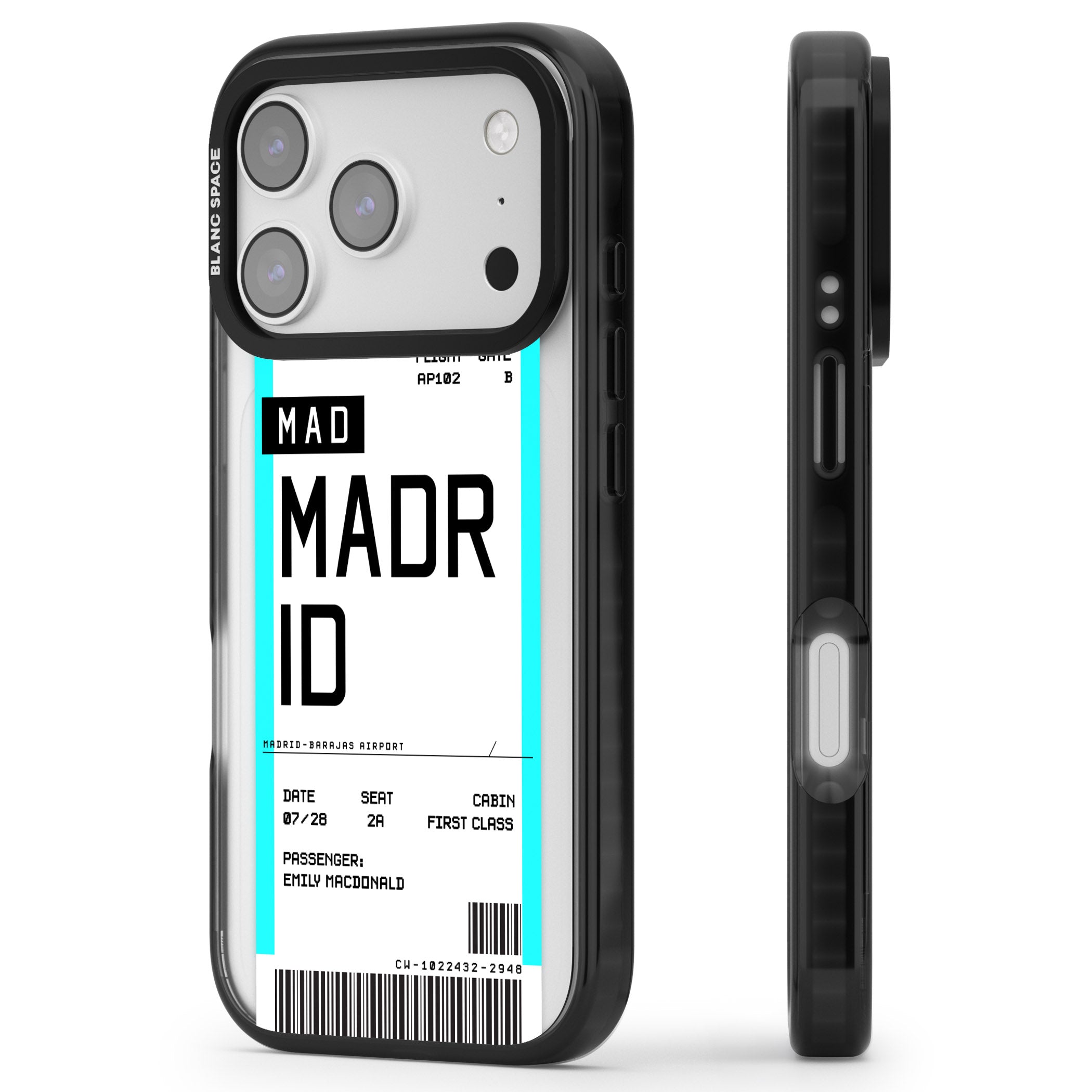 Personalised Madrid Boarding Pass iPhone 17 Pro Max Impact Pro Black Phone Case Side Profile