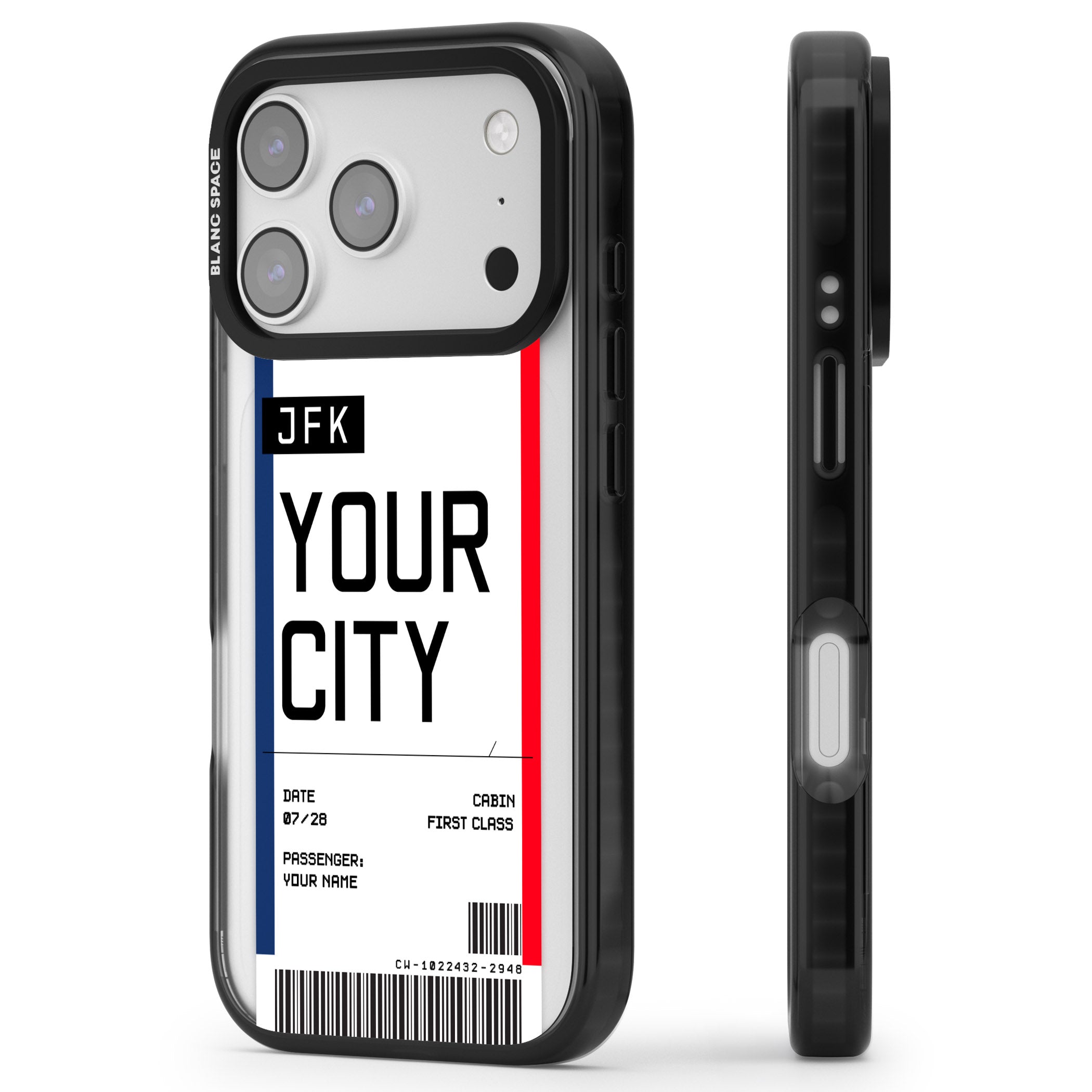 Personalised Create Your Own Boarding Pass Ticket iPhone 17 Pro Max Impact Pro Black Phone Case Side Profile