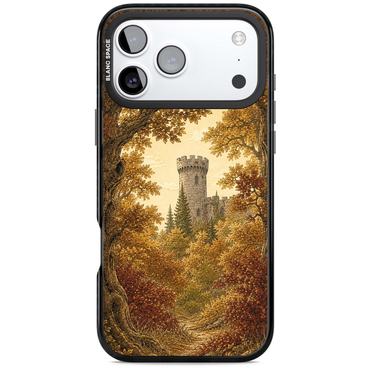 Autumn Keep cottagecore iPhone case featuring a medieval castle tower framed by golden autumn trees and woodland foliage | Black Impact Magsafe case for iPhone 17 Pro, iPhone 17 Pro Max