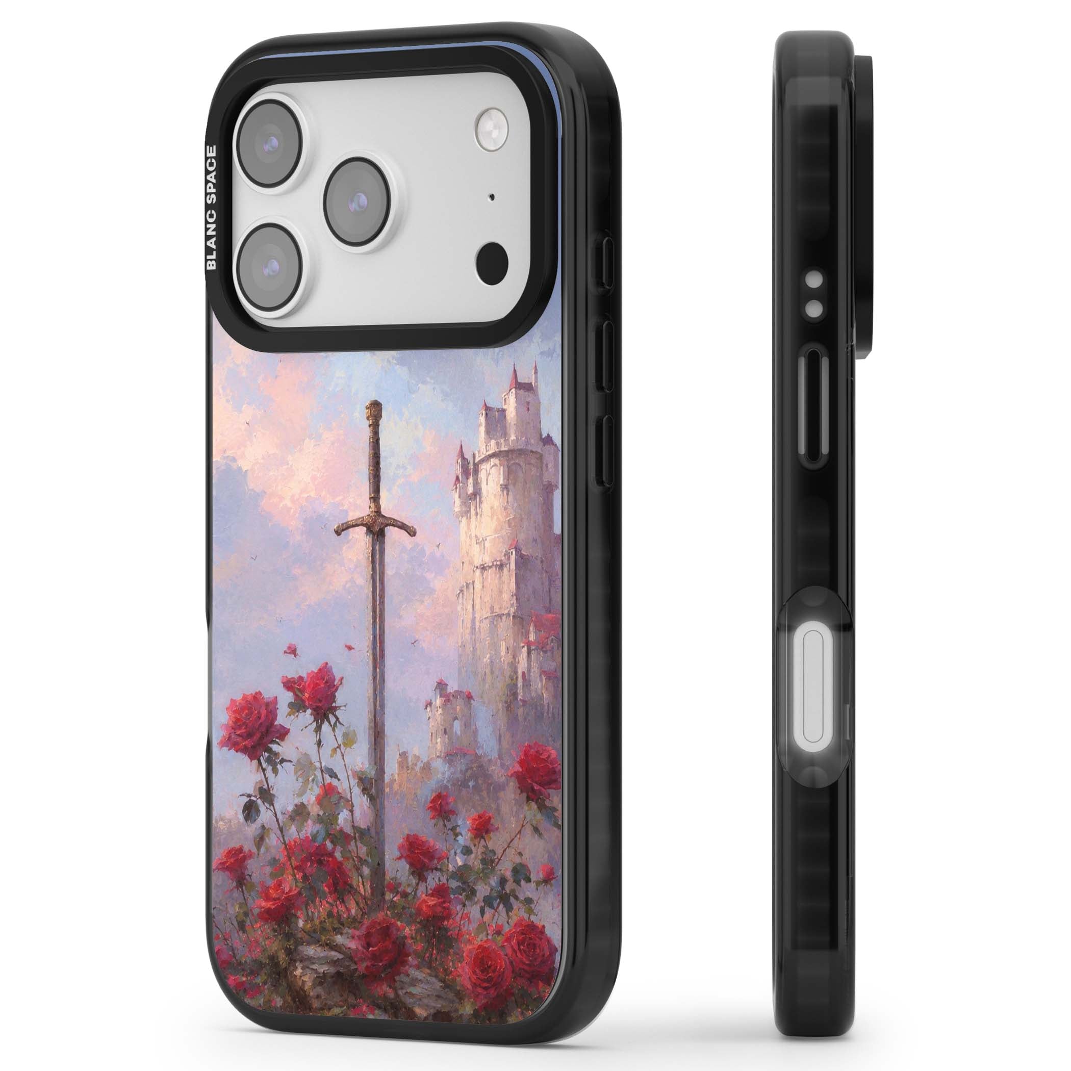 Sword in Roses medieval art iPhone case featuring a sword, red roses, and a misty fairytale castle at sunset | Black Impact Magsafe case for iPhone 17 Pro, iPhone 17 Pro Max