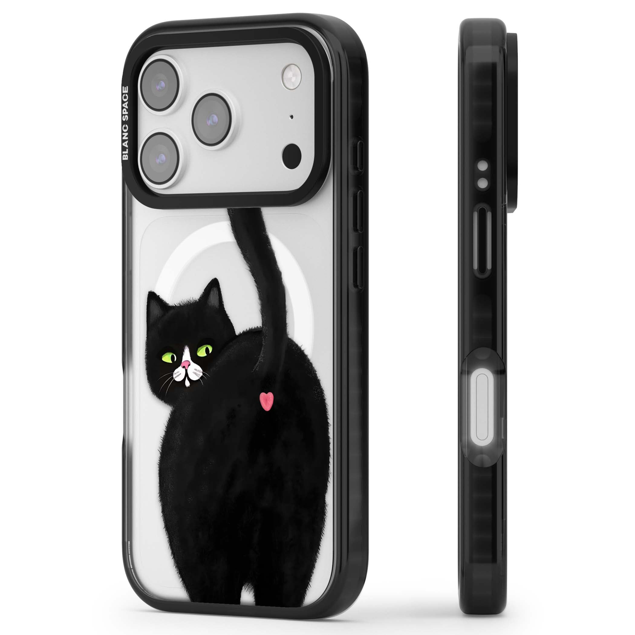 The Cat's Kiss cute cat iPhone case featuring a hand-painted tuxedo kitty with green eyes and a pink heart on a clear  | Black Impact Magsafe case for iPhone 17 Pro, iPhone 17 Pro Max