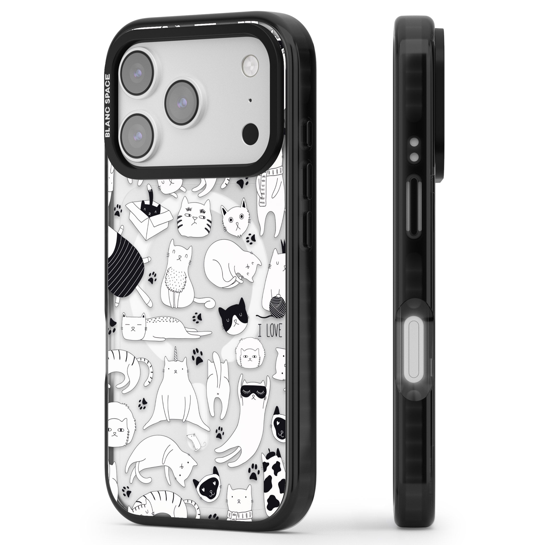Cartoon Cat Collage Black & White iPhone 17 Pro Max Impact Pro Black Phone Case Side Profile