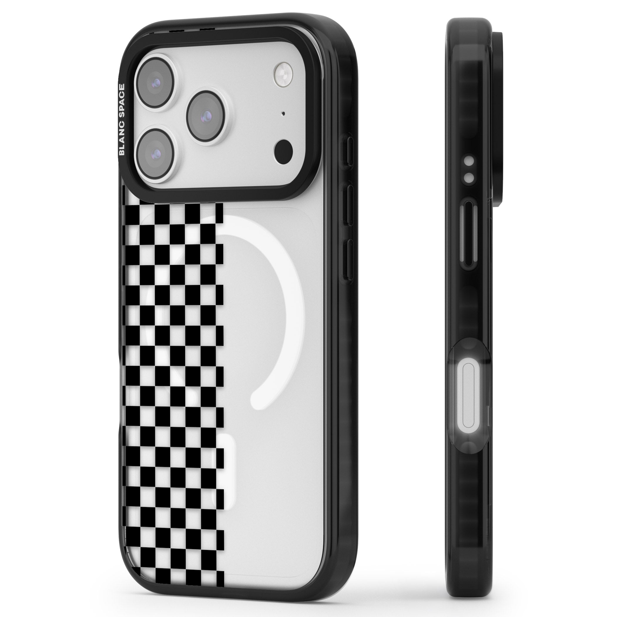 Checker: Half Black Check On Clear iPhone 17 Pro Max Impact Pro Black Phone Case Side Profile