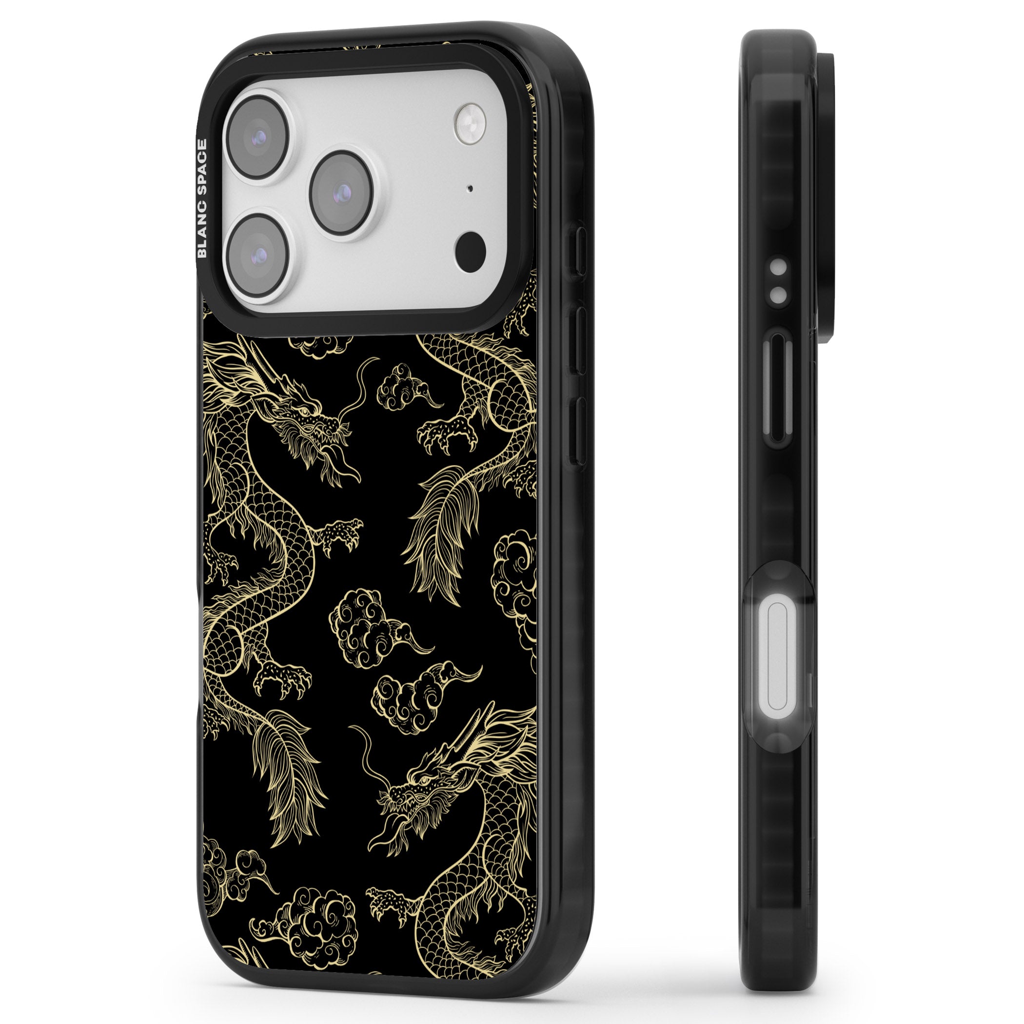 Black And Gold Dragon Pattern iPhone 17 Pro Max Impact Pro Black Phone Case Side Profile