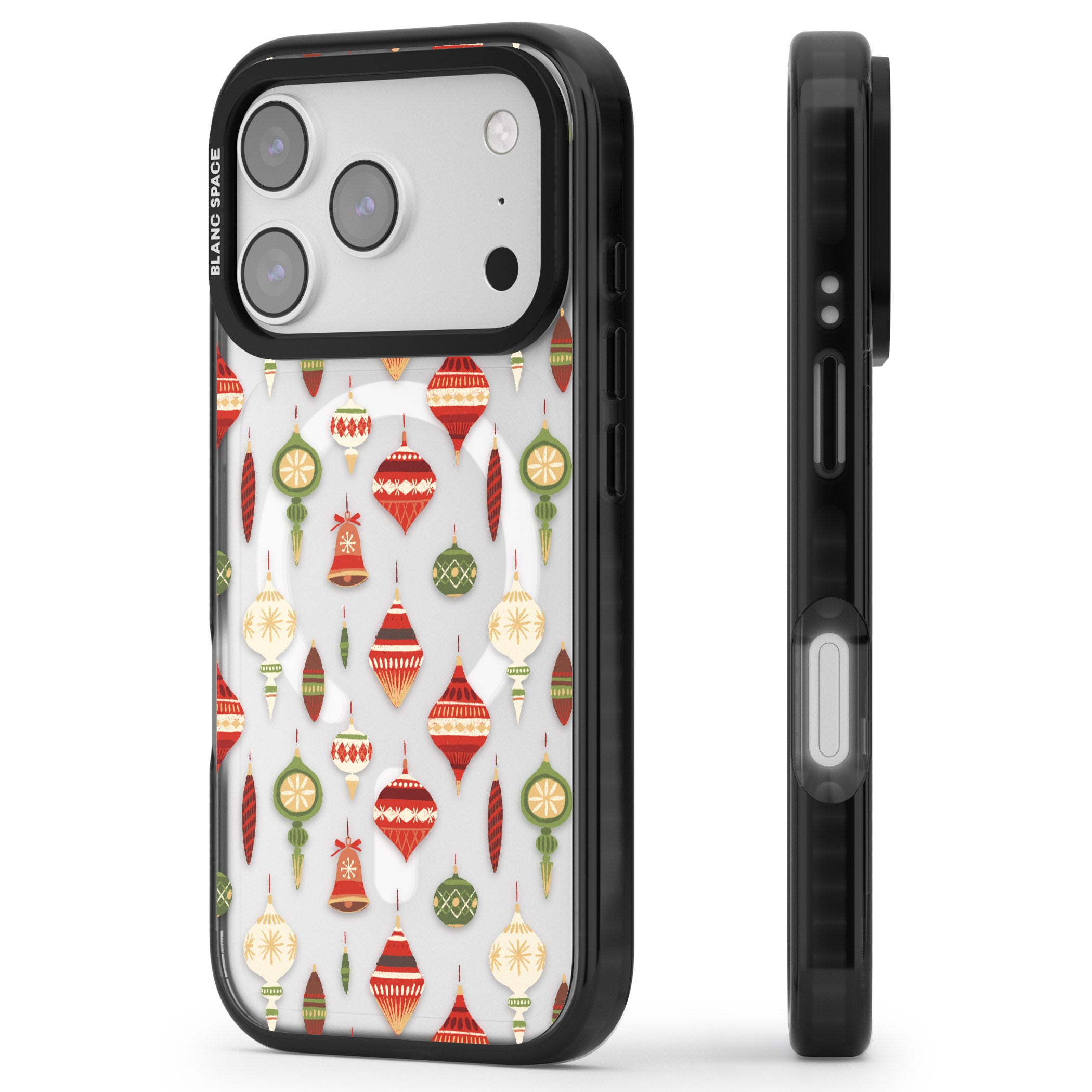 Christmas Baubles Pattern iPhone 17 Pro Max Impact Pro Black Phone Case Side Profile