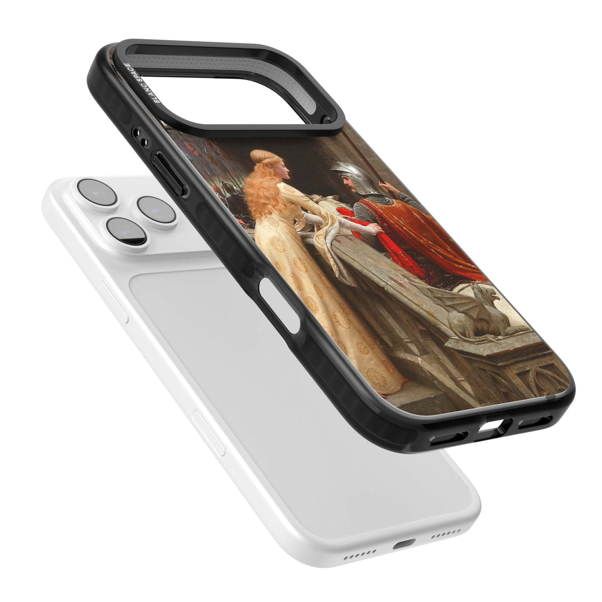 God Speed fine art iPhone case featuring Edmund Blair Leighton's medieval knight and lady beneath a stone archway | Black Impact Magsafe case for iPhone 17 Pro, iPhone 17 Pro Max