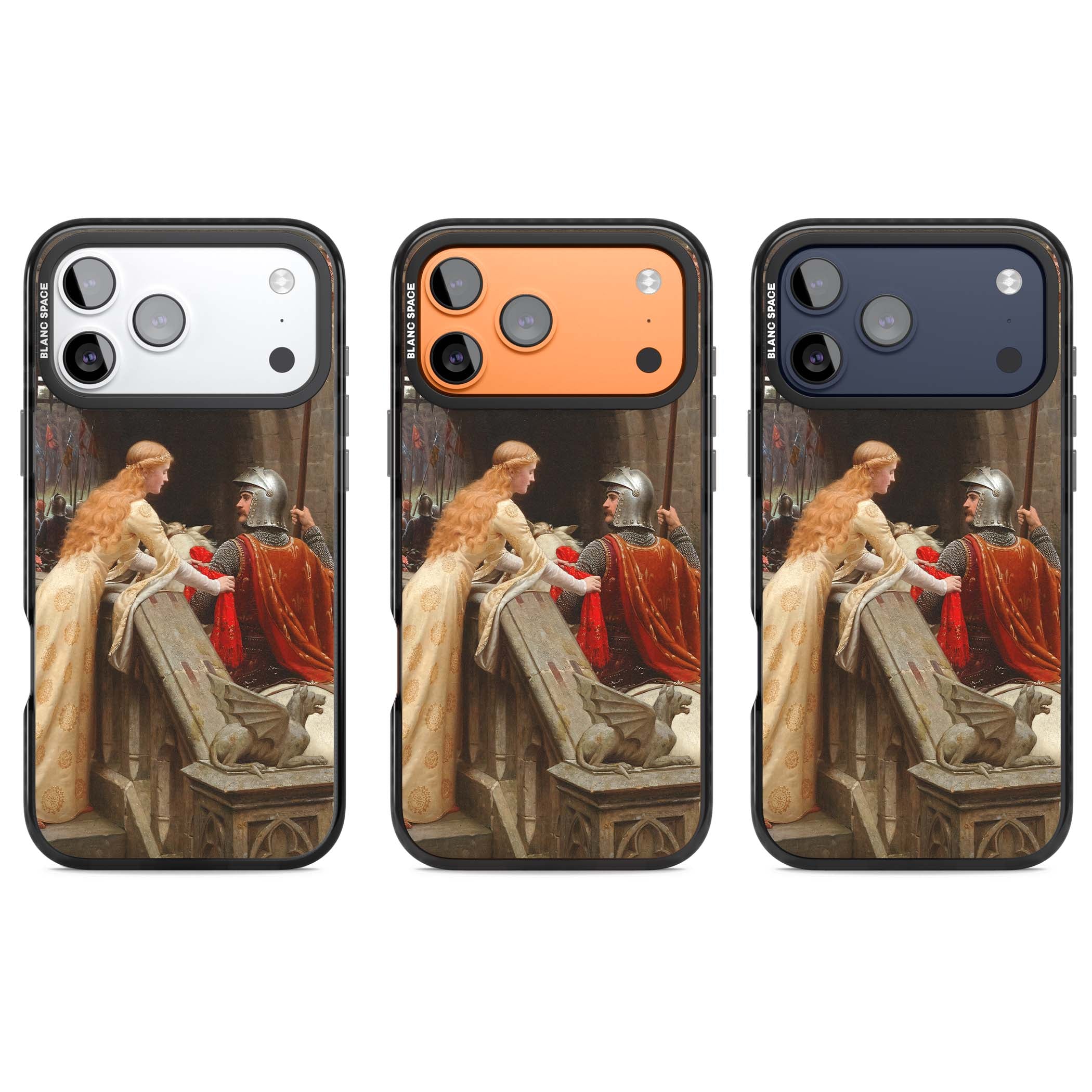 God Speed fine art iPhone case featuring Edmund Blair Leighton's medieval knight and lady beneath a stone archway | Black Impact Magsafe case for iPhone 17 Pro, iPhone 17 Pro Max
