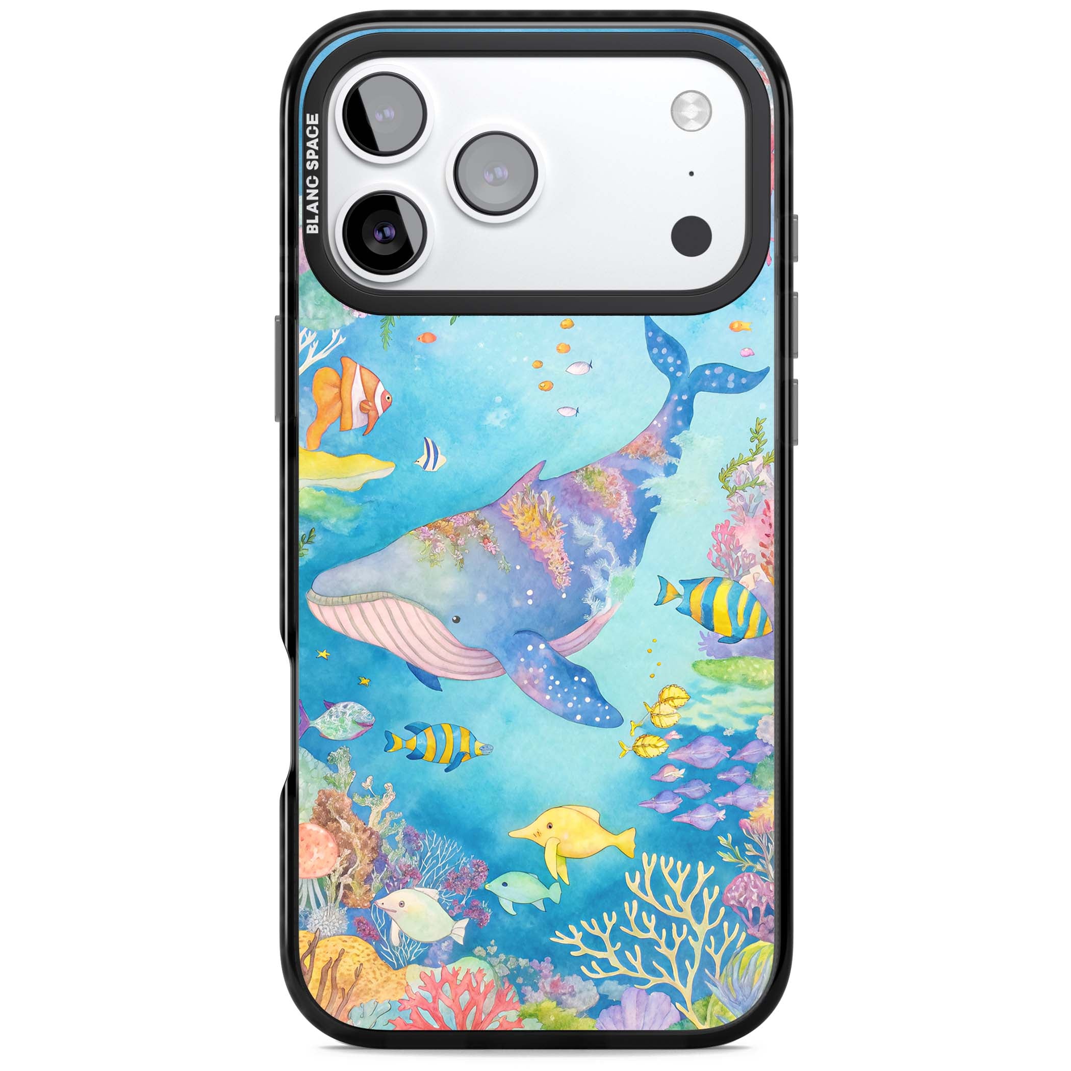 Coral Lagoon ocean iPhone case featuring a watercolour whale, coral reef and tropical fish | Black Impact Magsafe case for iPhone 17 Pro, iPhone 17 Pro Max