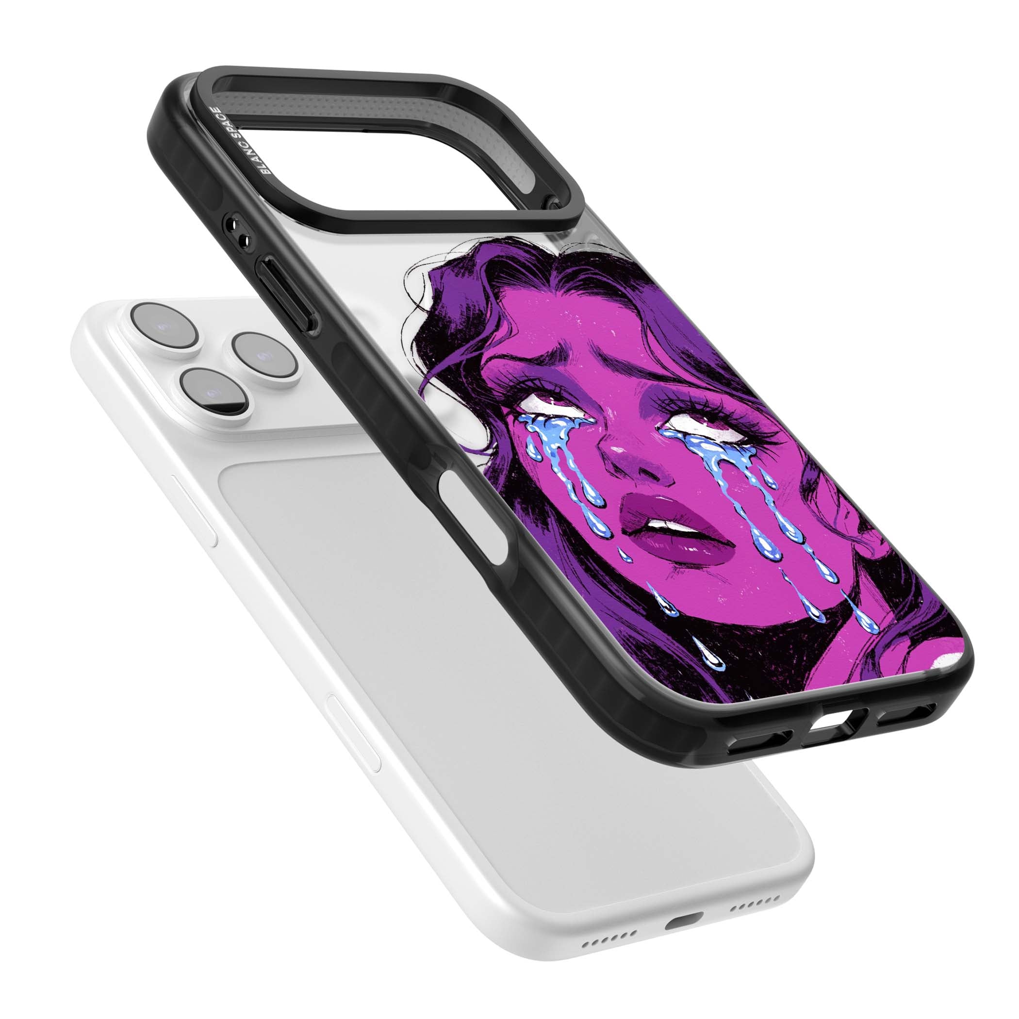 Drama Queen pop art iPhone case featuring a purple crying comic girl with blue tears | Black Impact Magsafe case for iPhone 17 Pro, iPhone 17 Pro Max