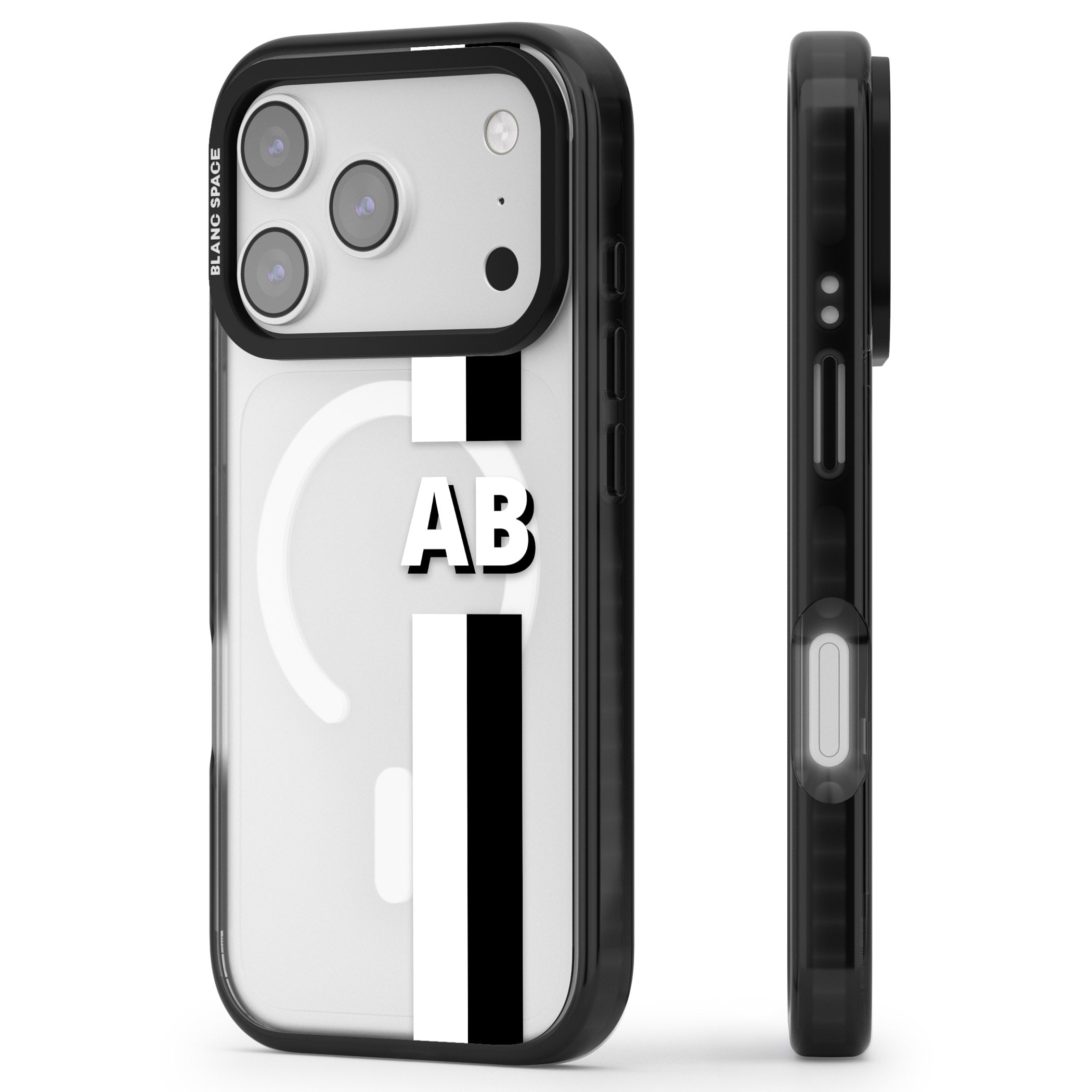 Personalised Bold Two Stripe Name iPhone 17 Pro Max Impact Pro Black Phone Case Side Profile