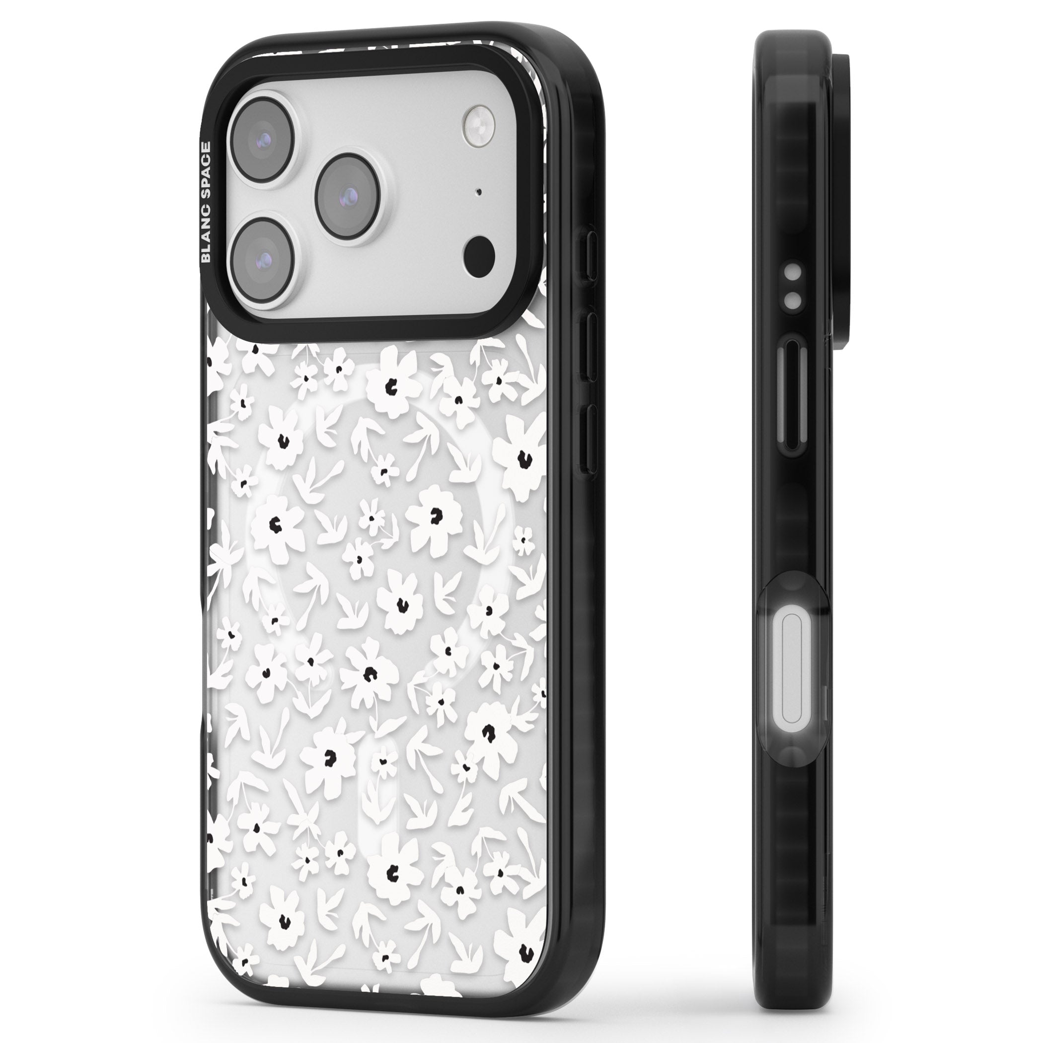Monochrome Floral iPhone 17 Pro Max Impact Pro Black Phone Case Side Profile