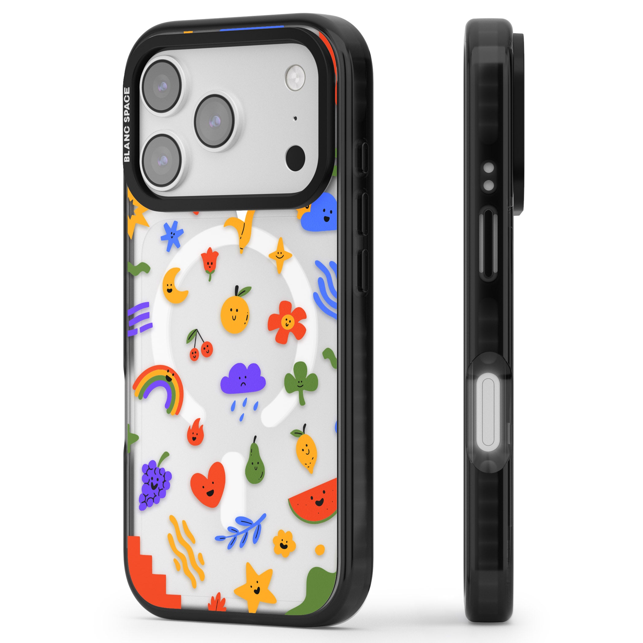Quirky Cute Icon Pattern iPhone 17 Pro Impact Pro Black Phone Case Side Profile