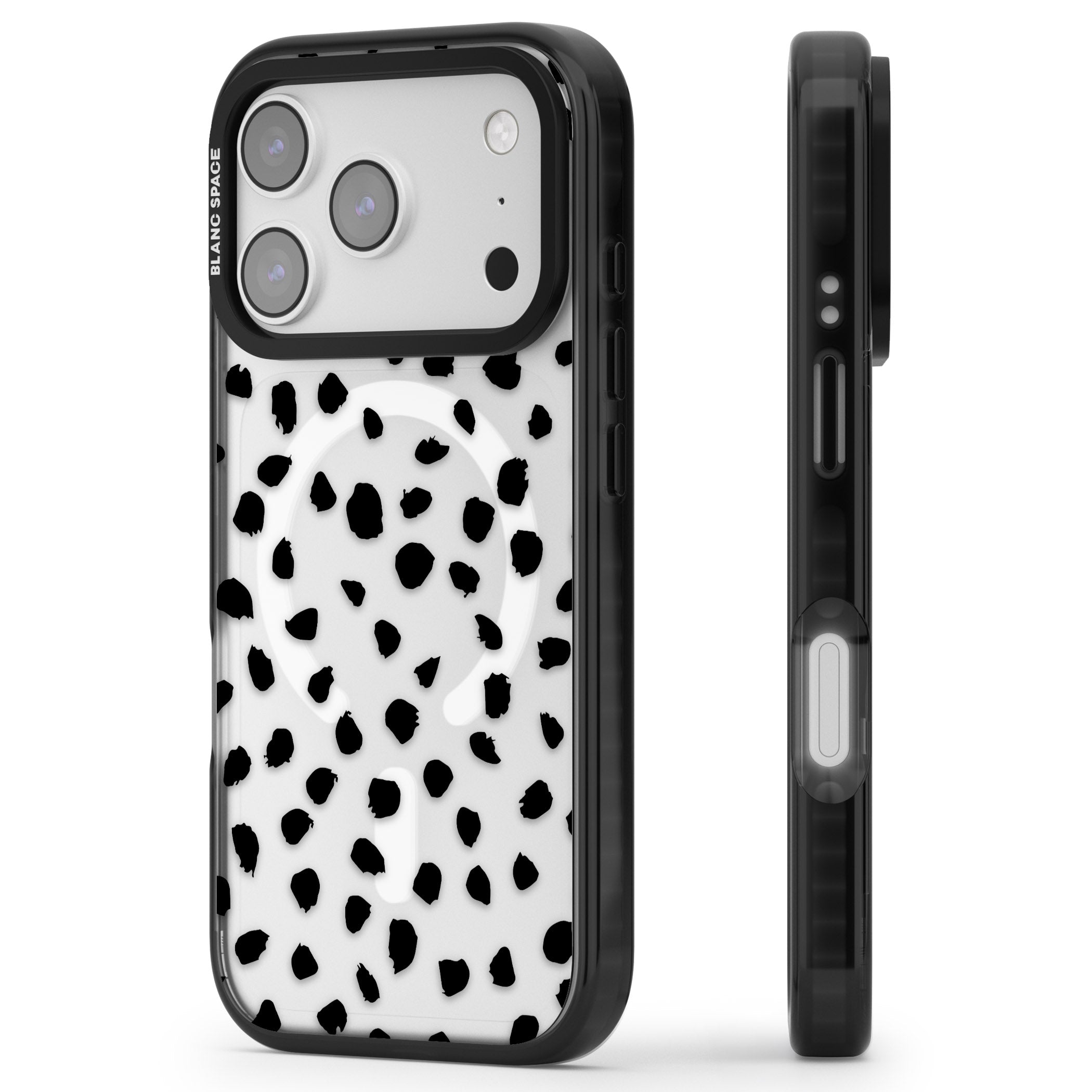 Black Dalmatian Polka Dot iPhone 17 Pro Max Impact Pro Black Phone Case Side Profile