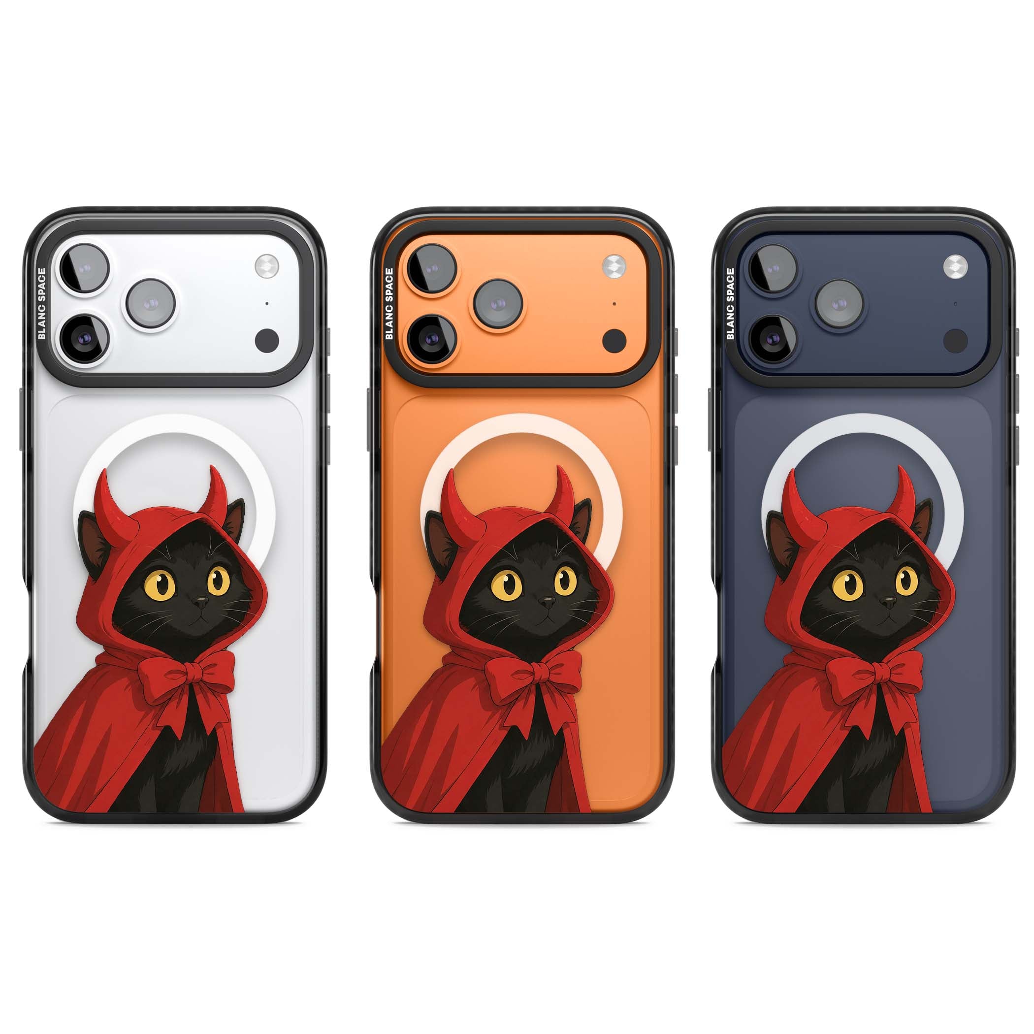 Little Devil halloween iPhone case featuring a black cat in a red hooded devil cloak with horns and golden eyes | Black Impact Magsafe case for iPhone 17 Pro, iPhone 17 Pro Max