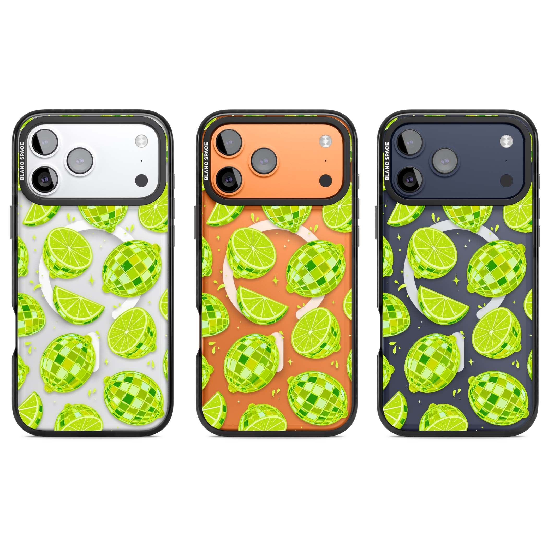 Disco Limes fruit aesthetic iPhone case featuring green disco balls, lime slices and citrus sparkles | Black Impact Magsafe case for iPhone 17 Pro, iPhone 17 Pro Max
