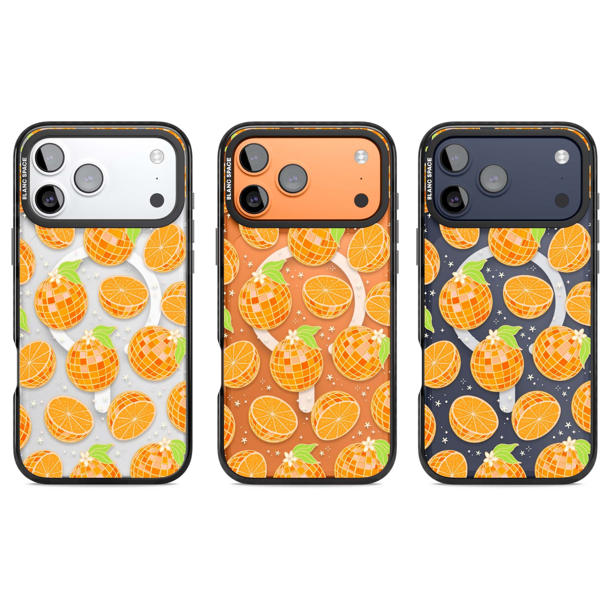 Disco Oranges retro iPhone case featuring mirrorball oranges, citrus slices and tiny blossoms on clear | Black Impact Magsafe case for iPhone 17 Pro, iPhone 17 Pro Max