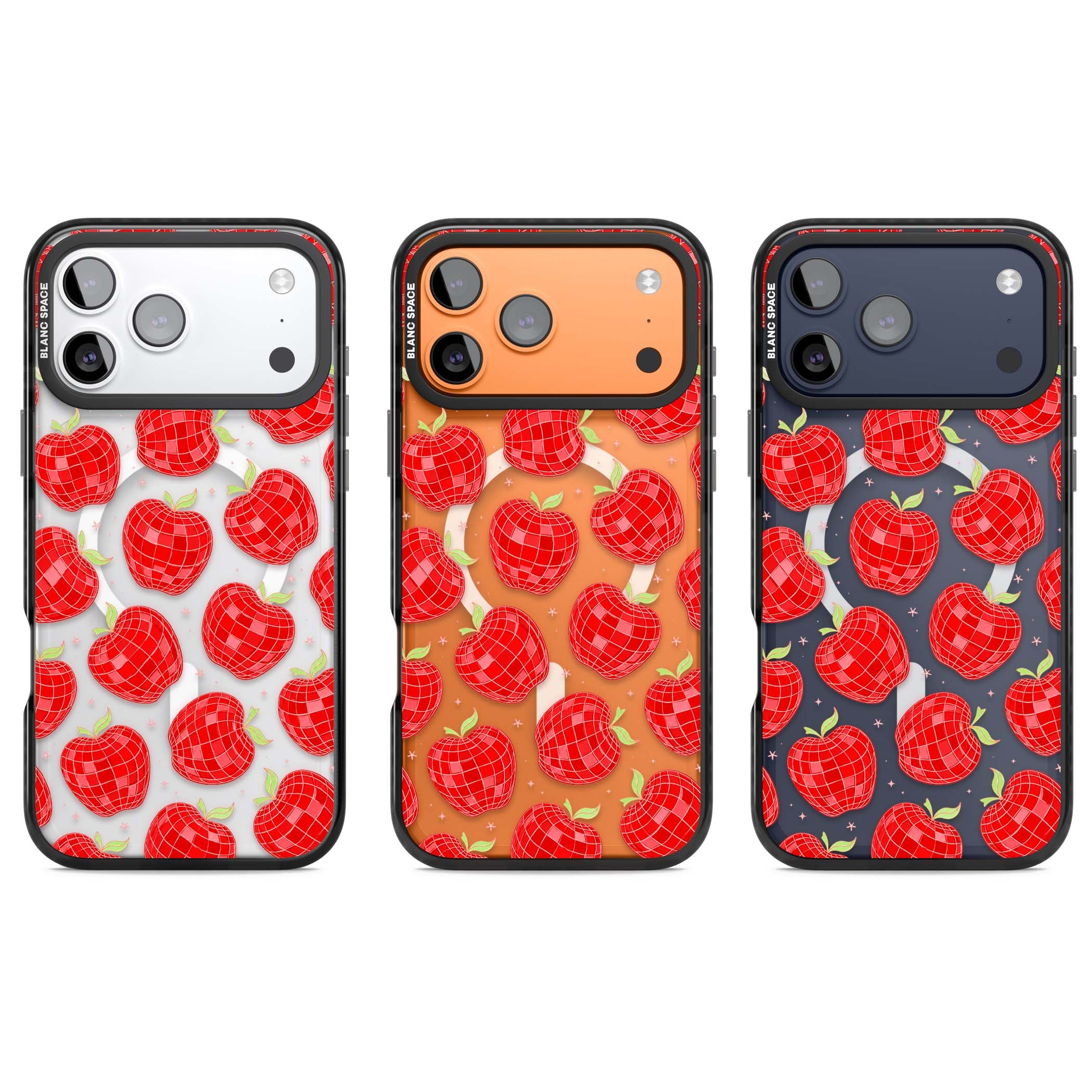 Disco Apples Y2K iPhone case featuring red disco ball apples, green leaves and pink sparkles on clear | Black Impact Magsafe case for iPhone 17 Pro, iPhone 17 Pro Max