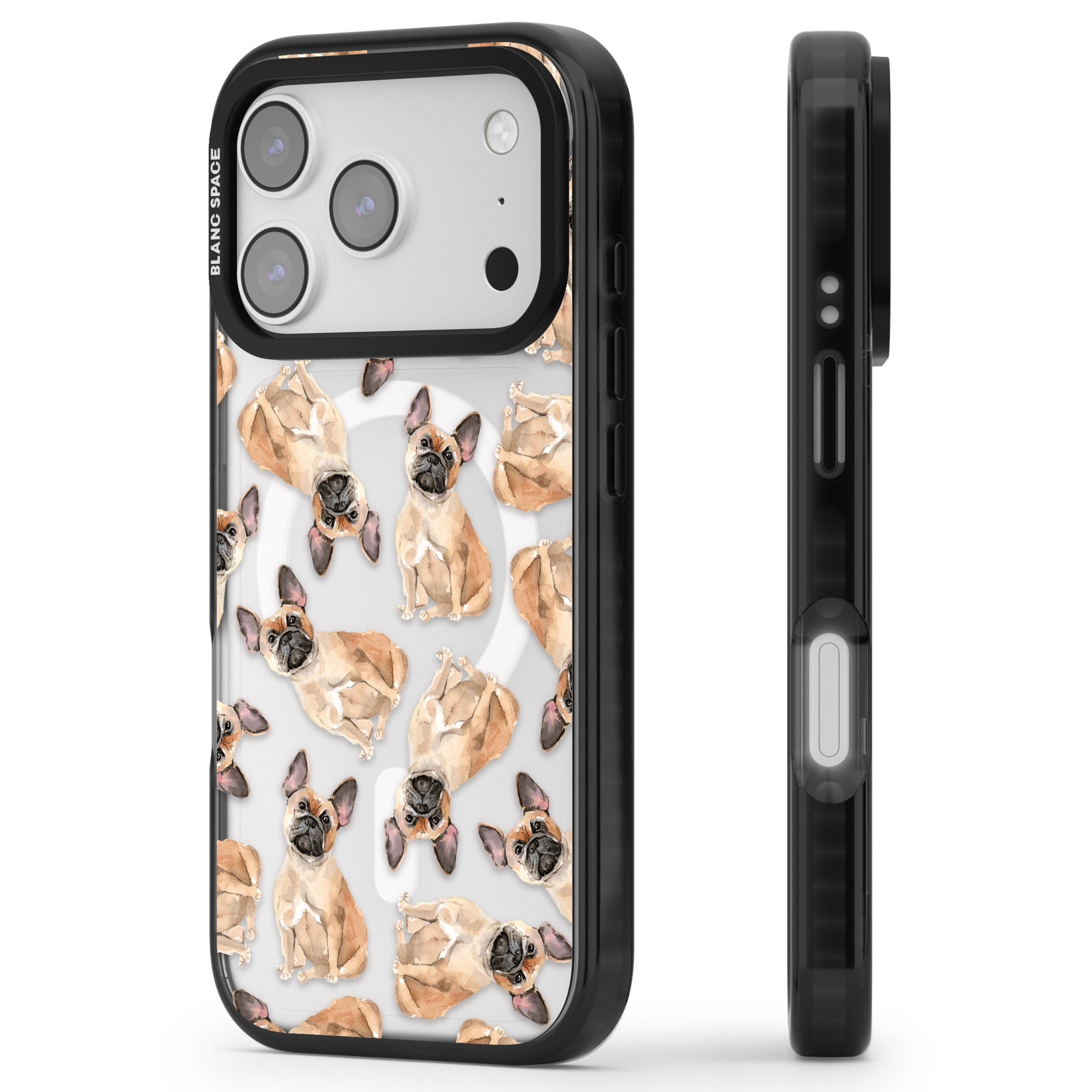 French Bulldog Watercolour Pattern iPhone 17 Pro Max Impact Pro Black Phone Case Side Profile