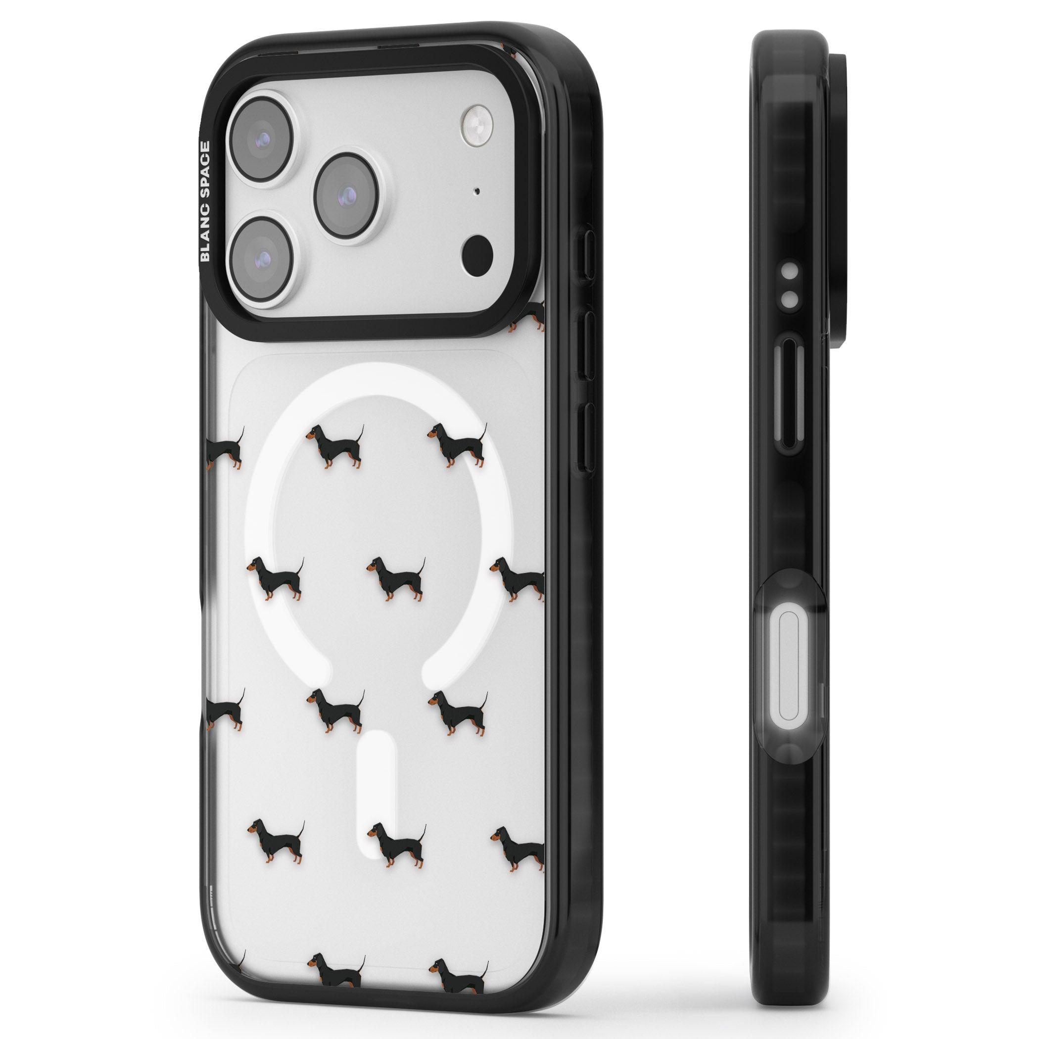 Dachshund Pattern Clear iPhone 17 Pro Max Impact Pro Black Phone Case Side Profile
