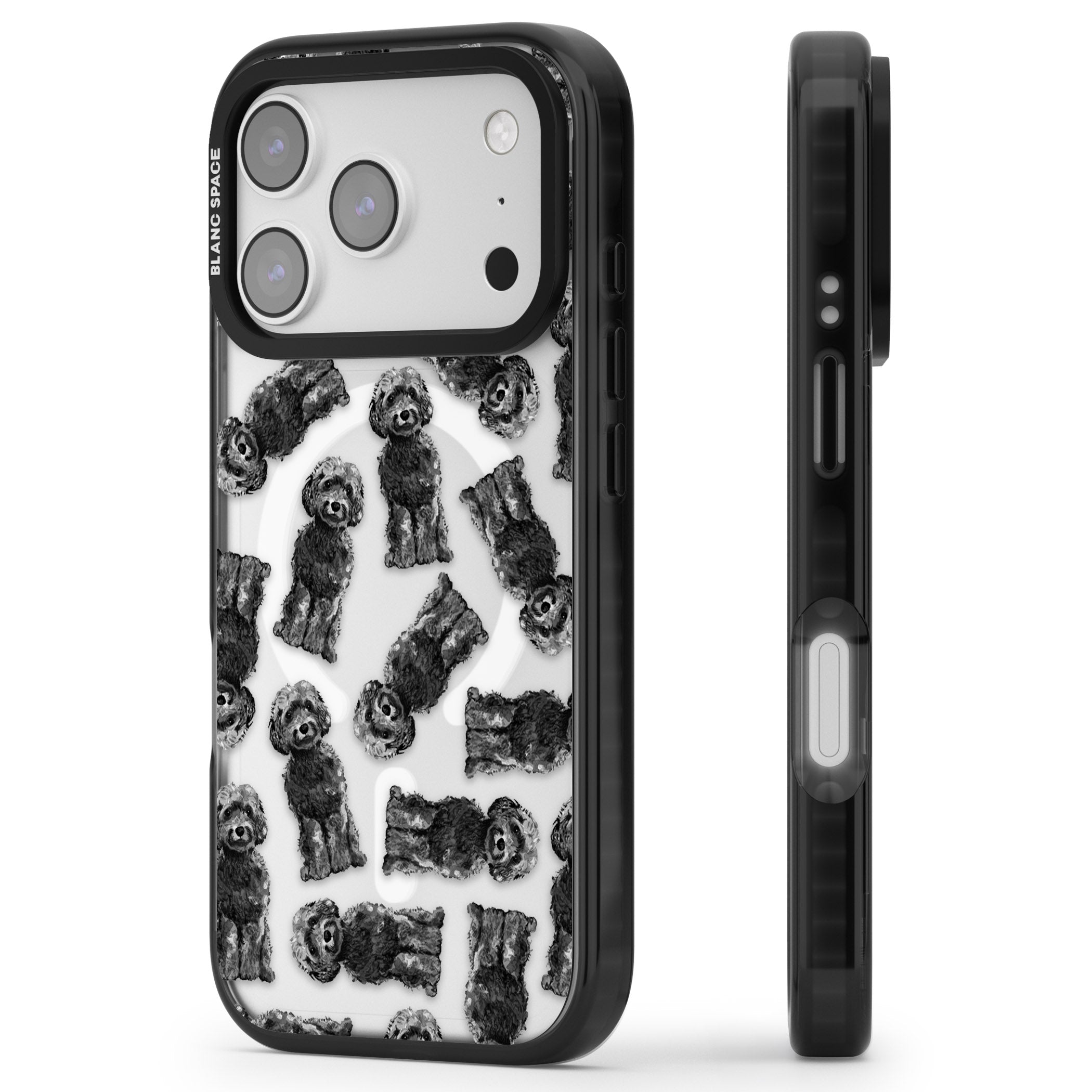 Black Cockapoo Watercolor iPhone 17 Pro Impact Pro Black Phone Case Side Profile