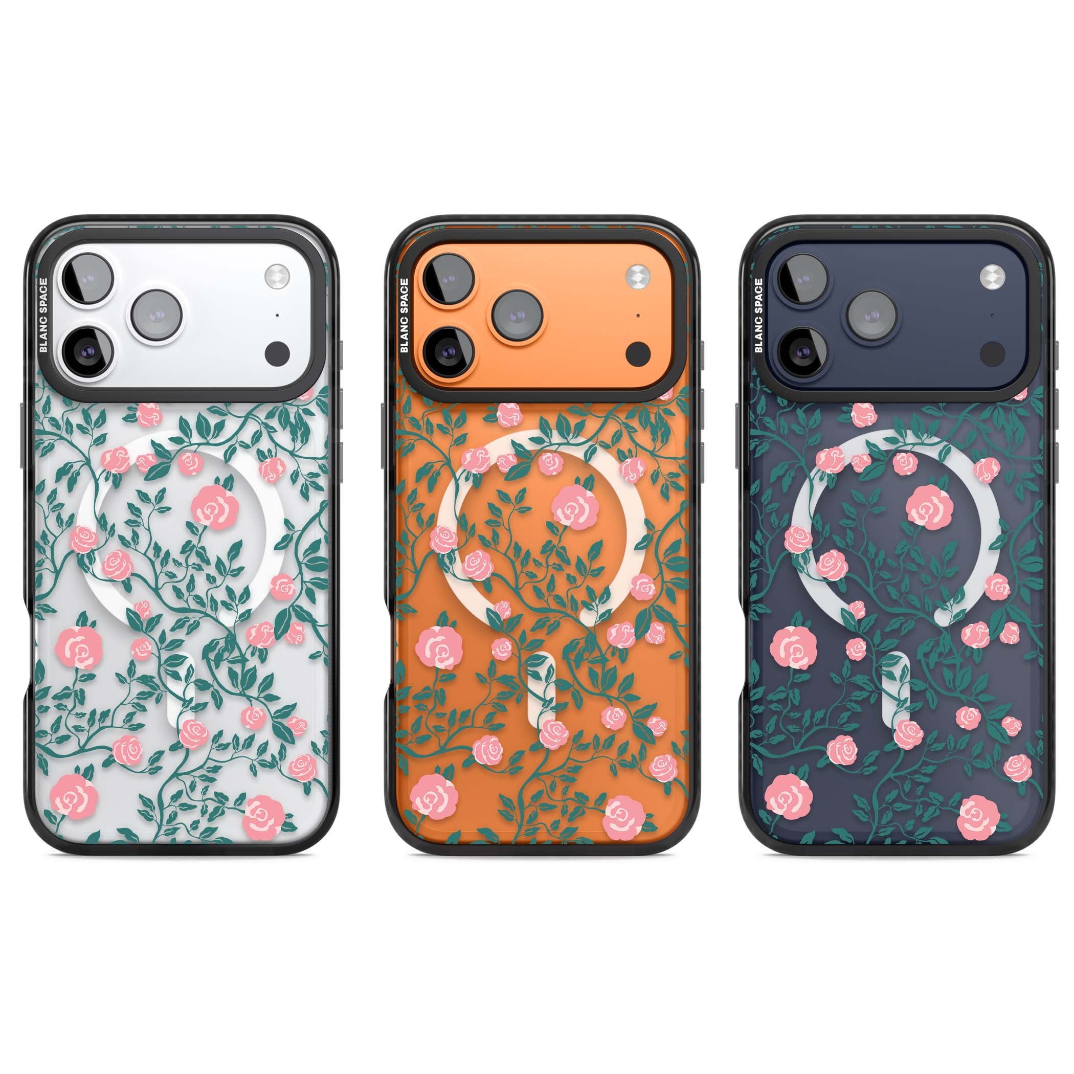 Rose Trellis (Clear) cottagecore iPhone case featuring pink climbing roses and green leaves on clear background | Black Impact Magsafe case for iPhone 17 Pro, iPhone 17 Pro Max