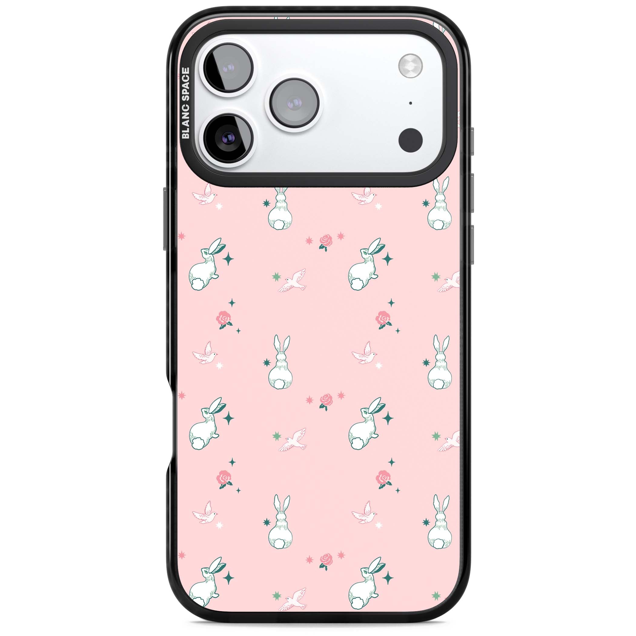 Bunny Garden kawaii iPhone case featuring white rabbits, pink roses, doves and stars on pink background | Black Impact Magsafe case for iPhone 17 Pro, iPhone 17 Pro Max