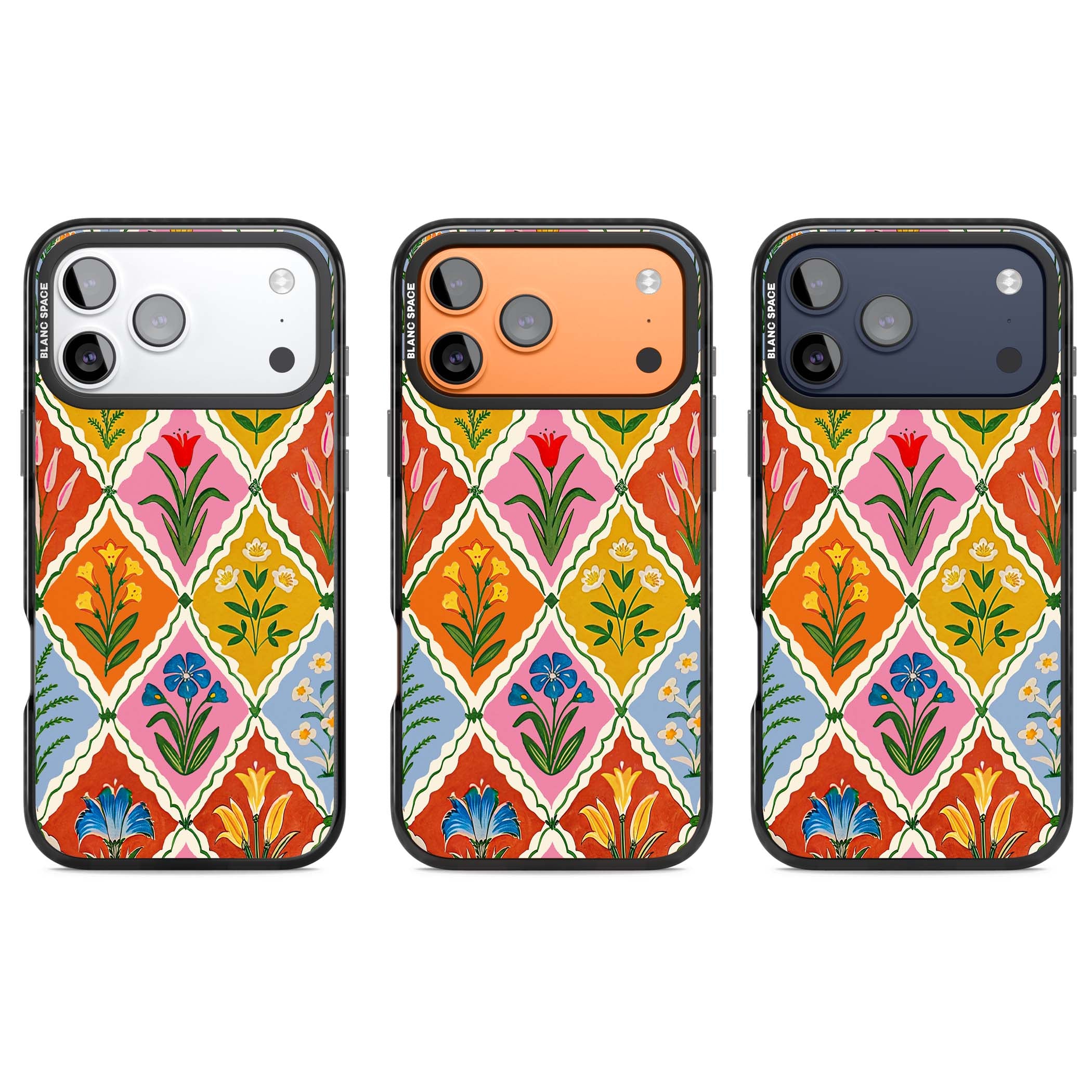 Floral Quilt boho floral iPhone case featuring diamond lattice pattern, hand-painted tulips and folk art wildflowers | Black Impact Magsafe case for iPhone 17 Pro, iPhone 17 Pro Max