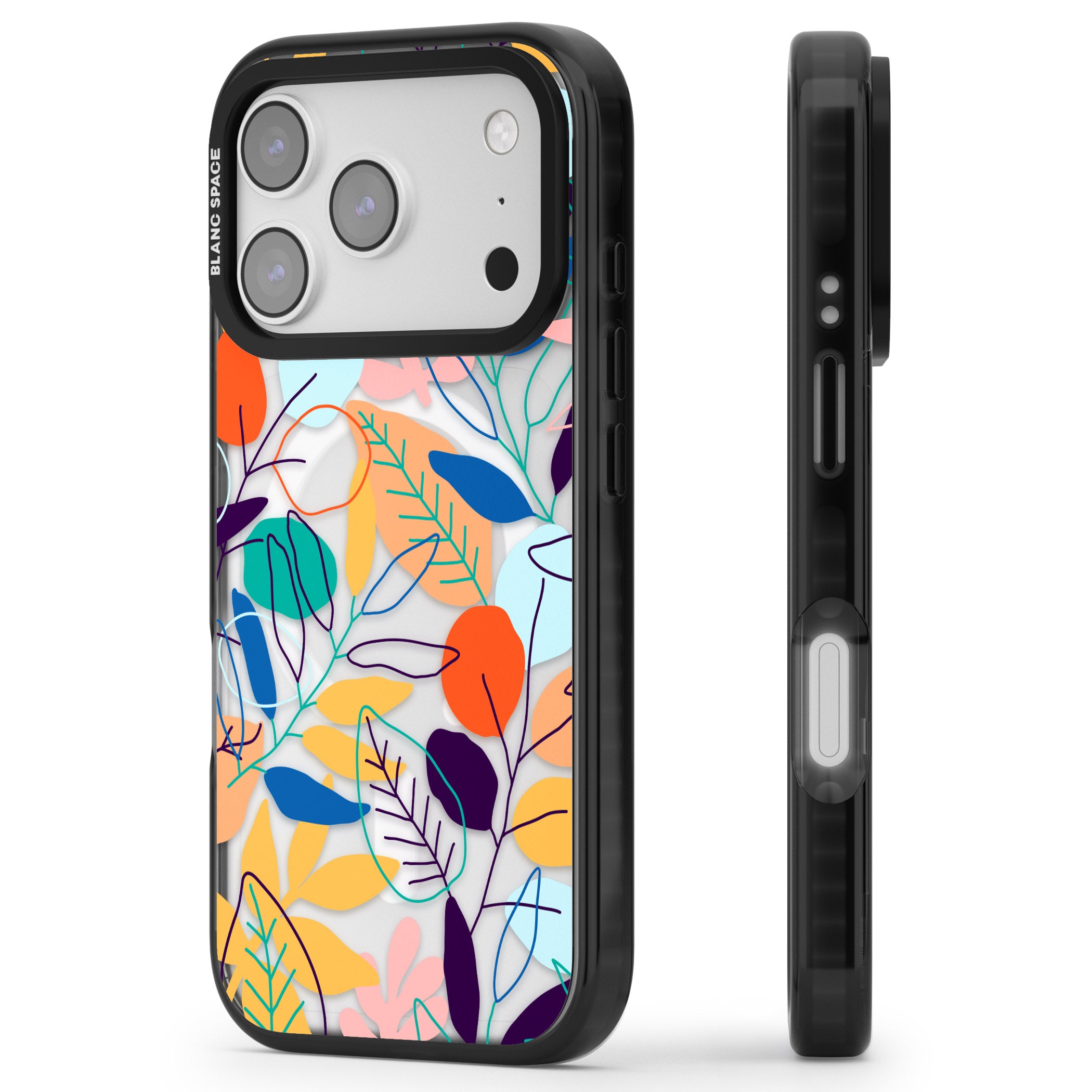 Abstract Line Drawn Leaves iPhone 17 Pro Max Impact Pro Black Phone Case Side Profile