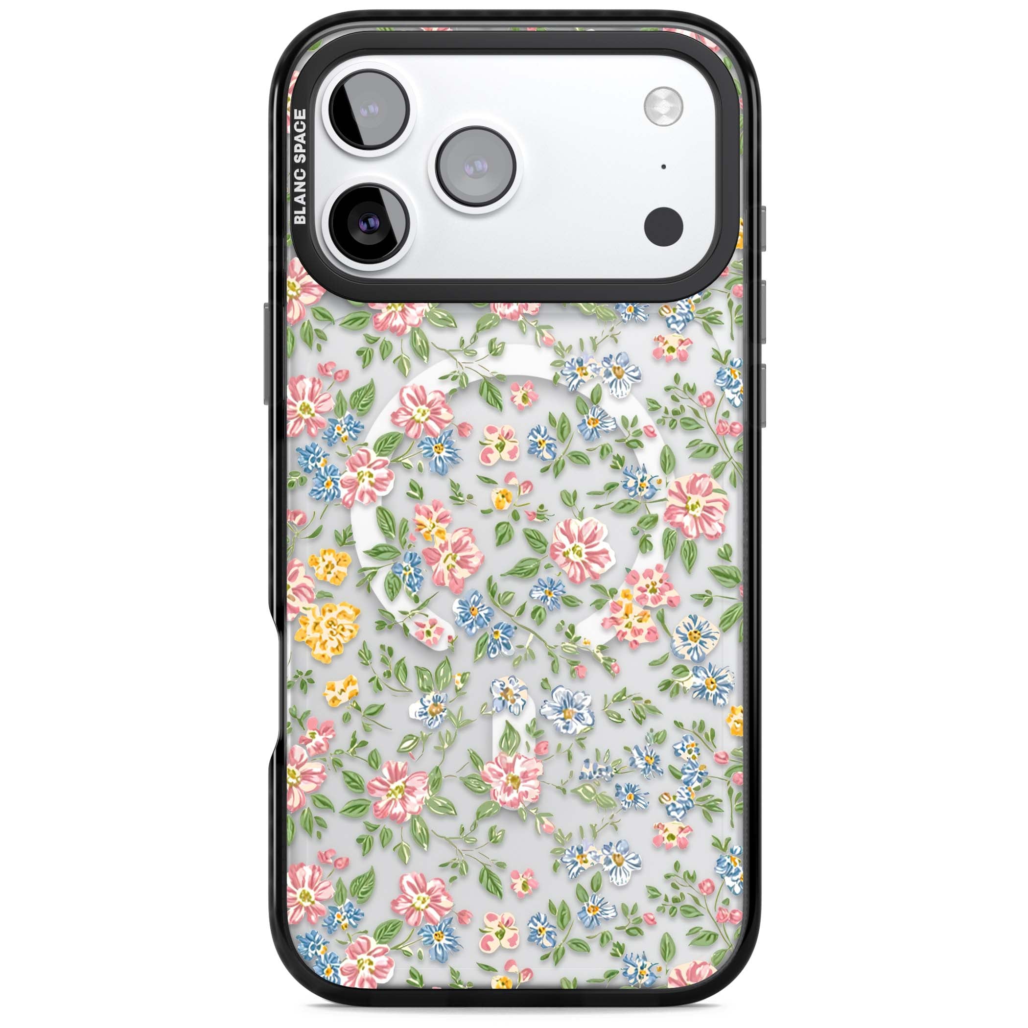 Soft Meadow cottagecore iPhone case featuring pink cosmos, blue forget-me-nots, yellow buttercups and green leaves sca | Black Impact Magsafe case for iPhone 17 Pro, iPhone 17 Pro Max